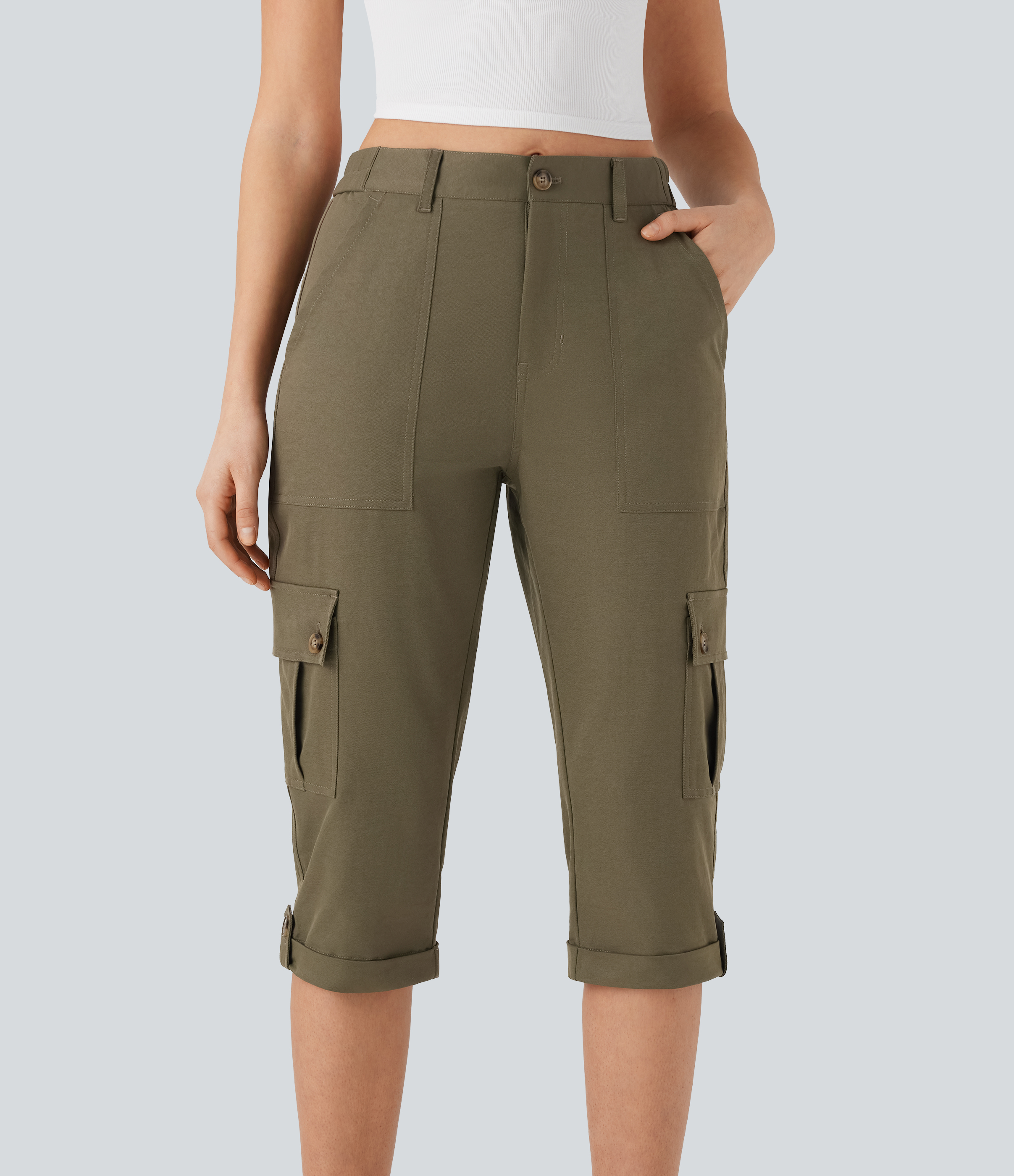 Mid Rise Rolled Hem Casual Cargo Trousers with Flap Pockets