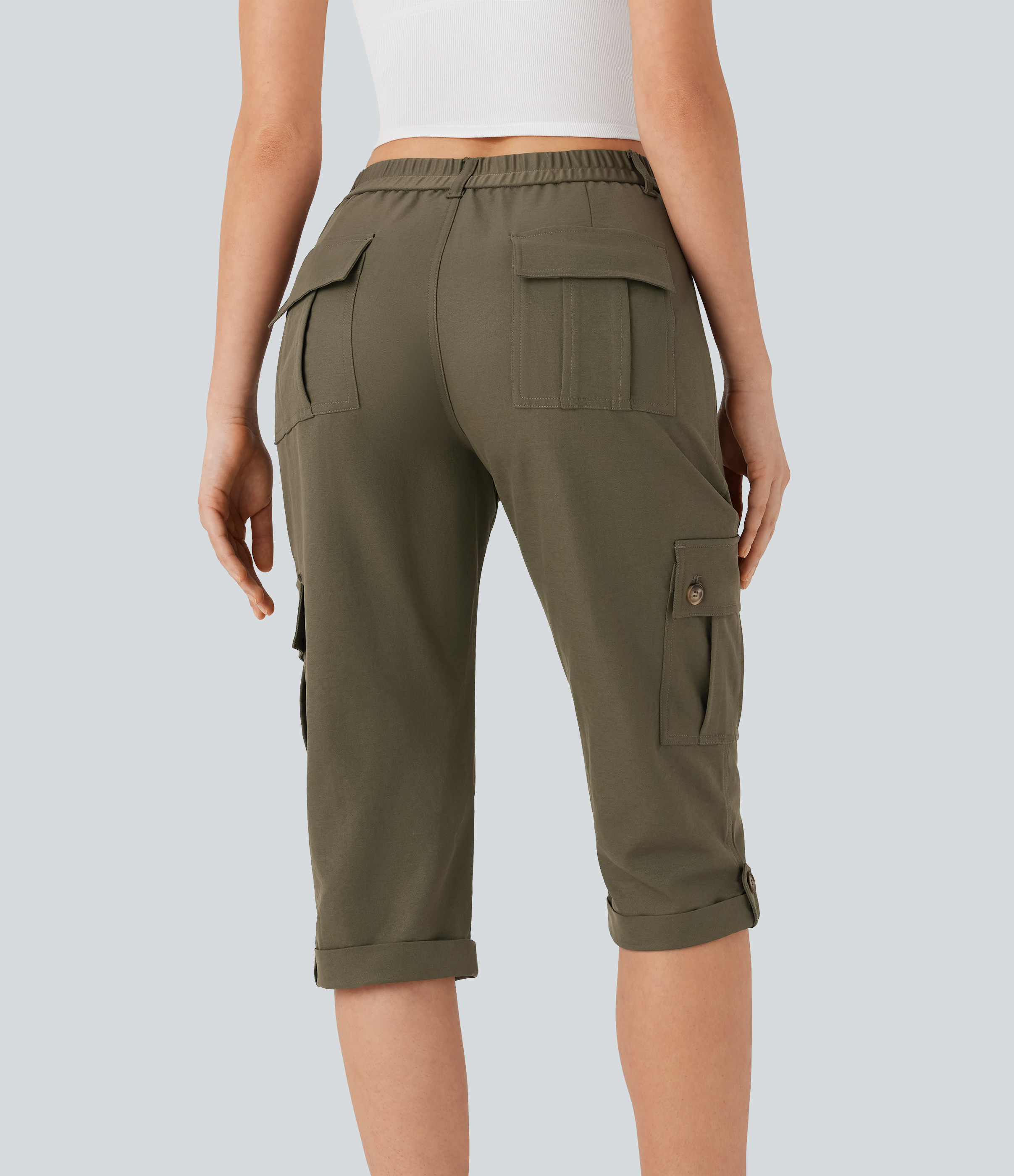Dusky Green Pantalon cargo taille mi-haute, retroussé, coupe décontractée, avec poches à rabat / 2