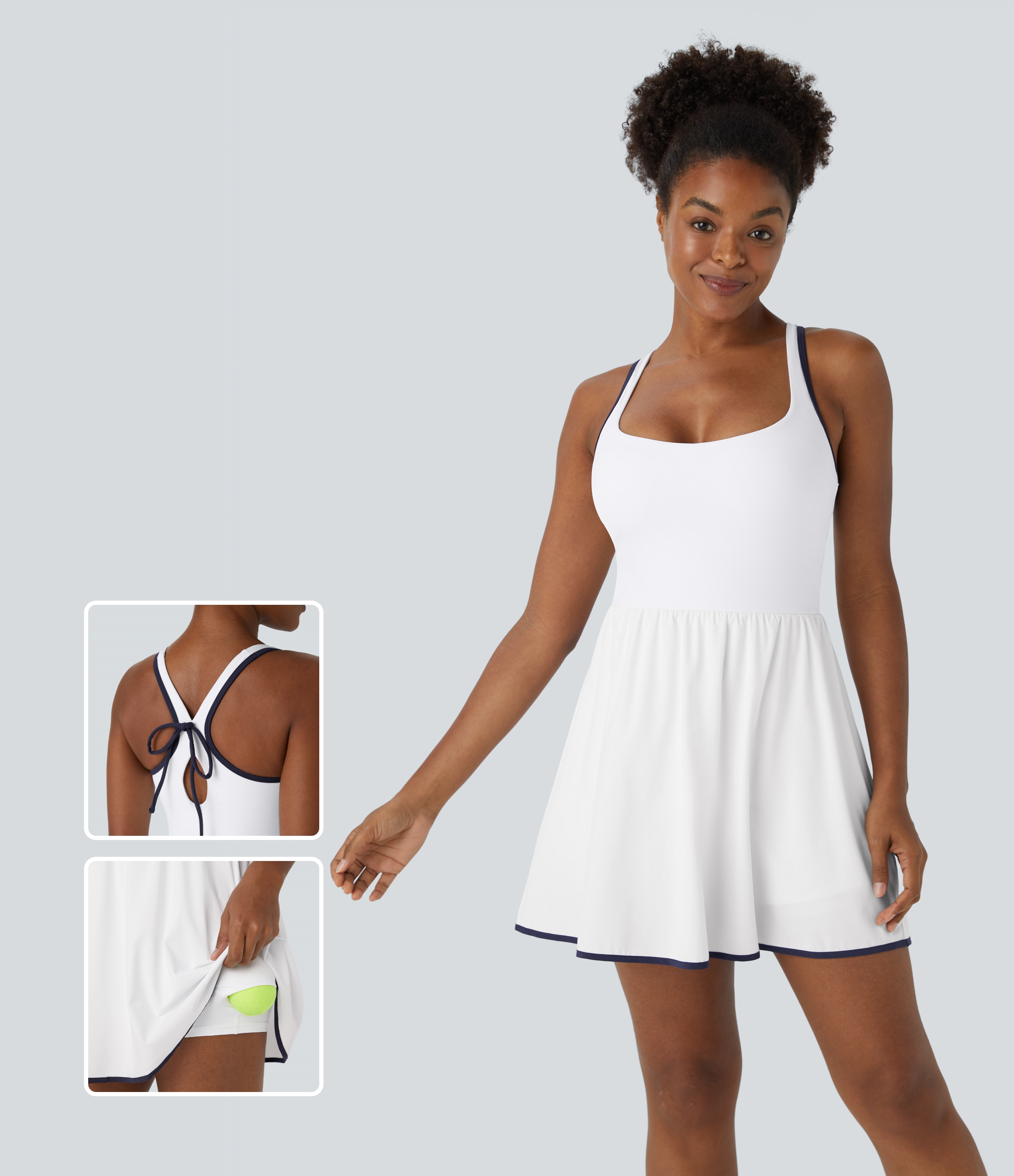 Halara – Breezeful™ Rückenfreies, schnell trocknendes 2-in-1 Tennis-Aktivitätskleid mit Seitentaschen und ausgestelltem Bein – Weiß – XL