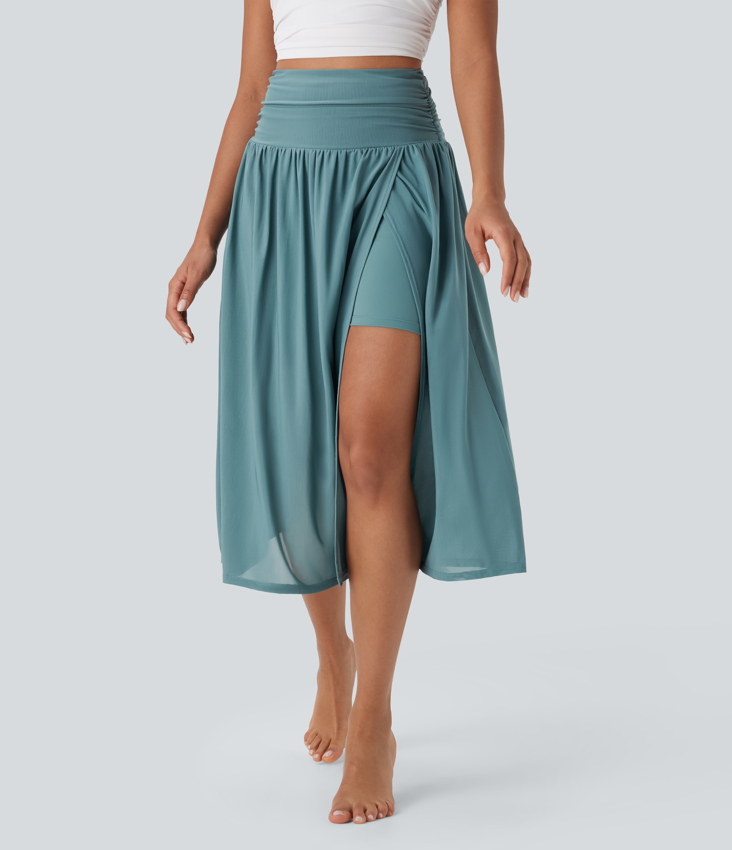 High Waisted 2-in-1 Split Flowy Midi Dance Skirt with Side Pocket