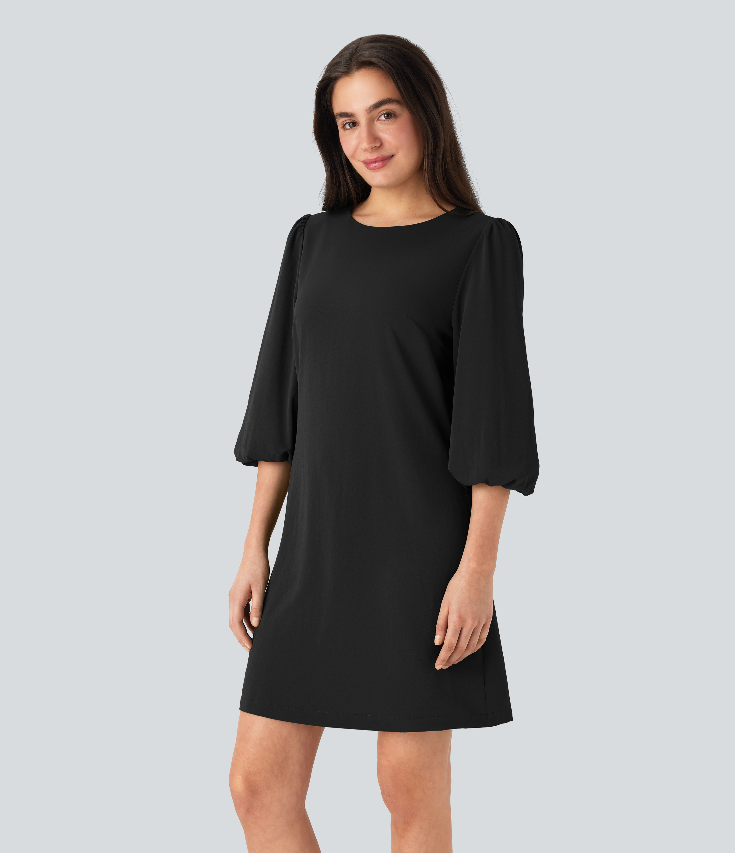 Robe de travail mini aspect lin col rond avec manches bouffantes