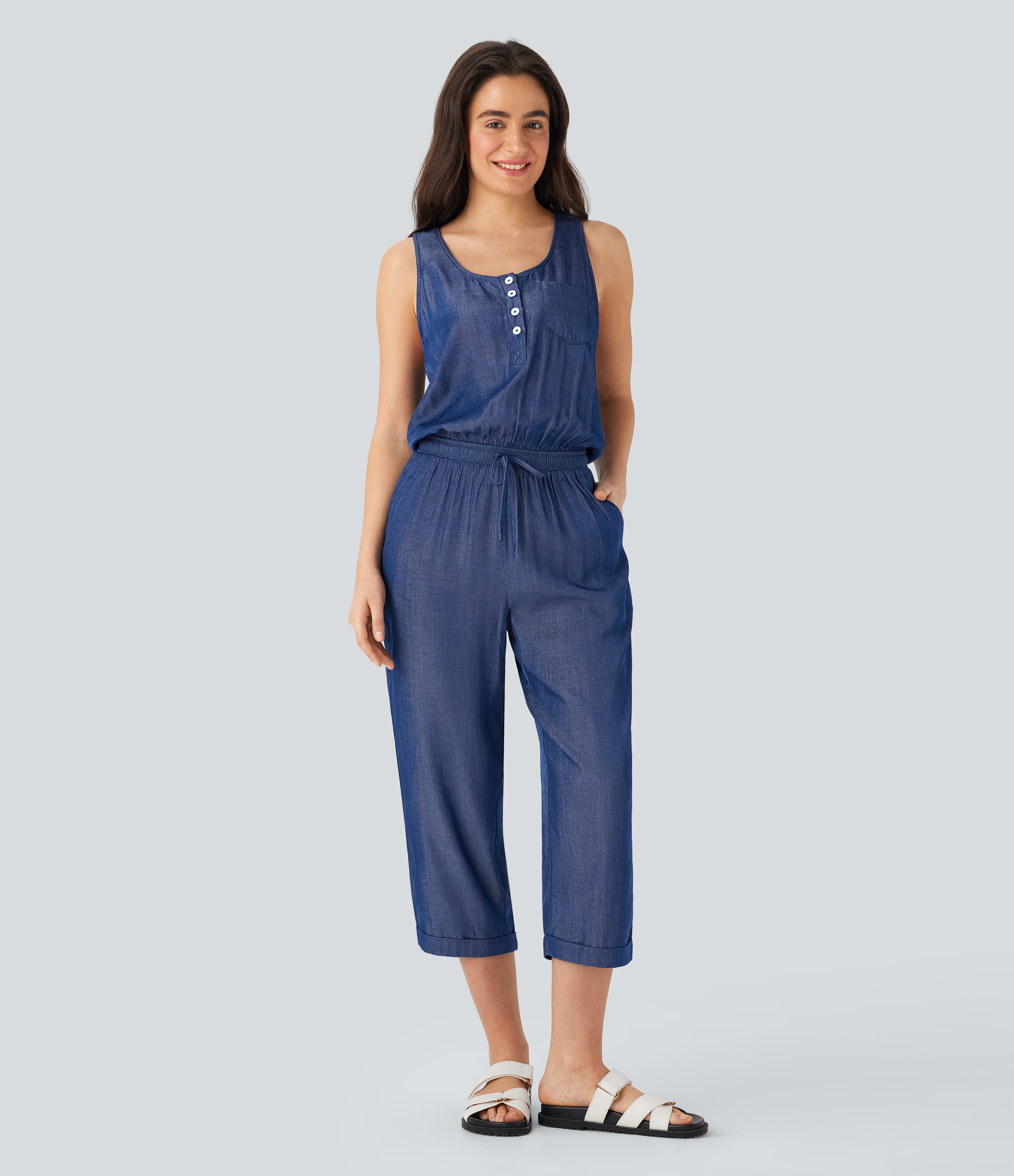 Drawstring Tapered Denim Like Casual Jumpsuit with Pockets