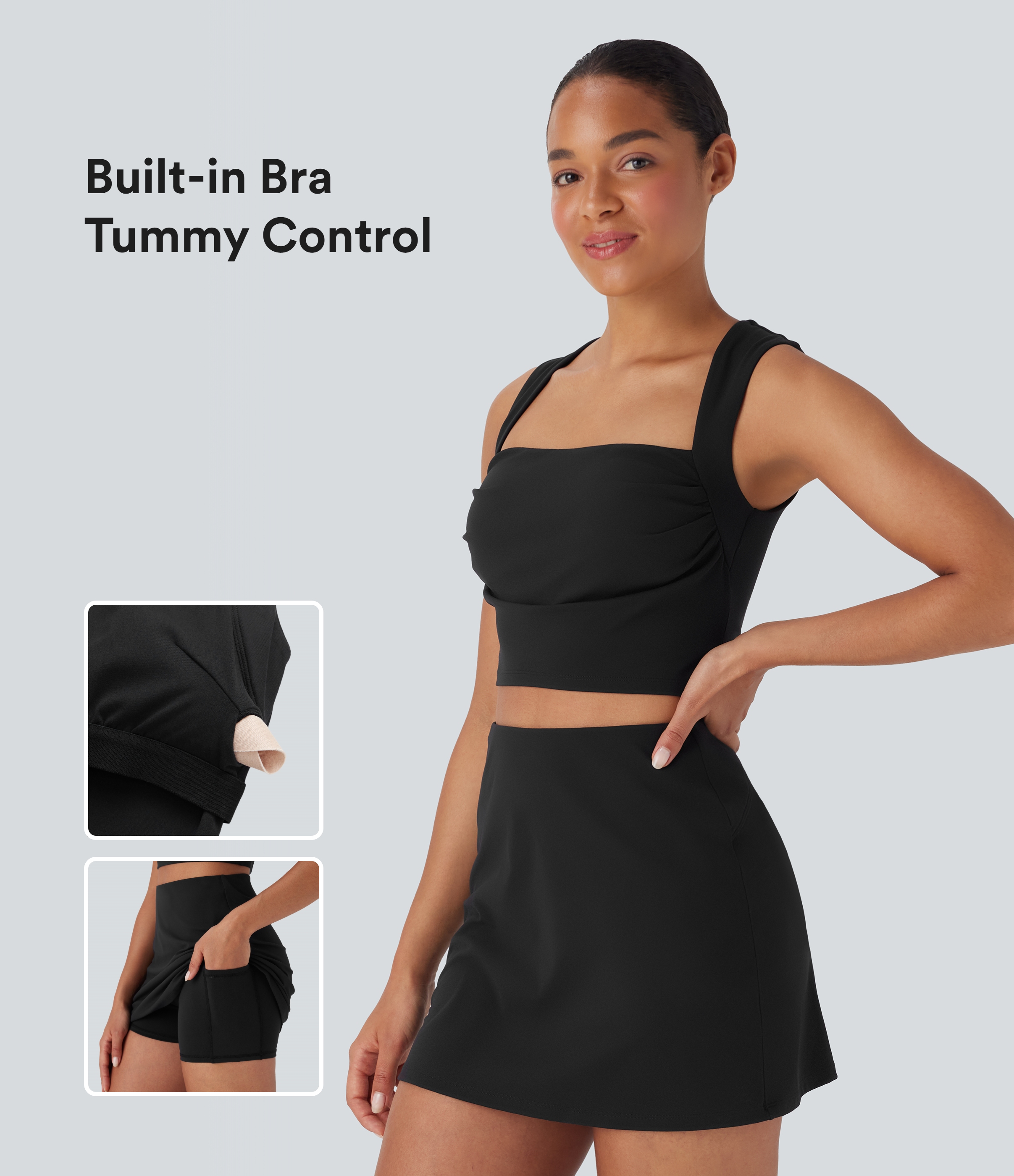 Conjunto de camiseta de tirantes fruncida con cuello cuadrado y falda de yoga 2 en 1 con moldeador de abdomen y bolsillo