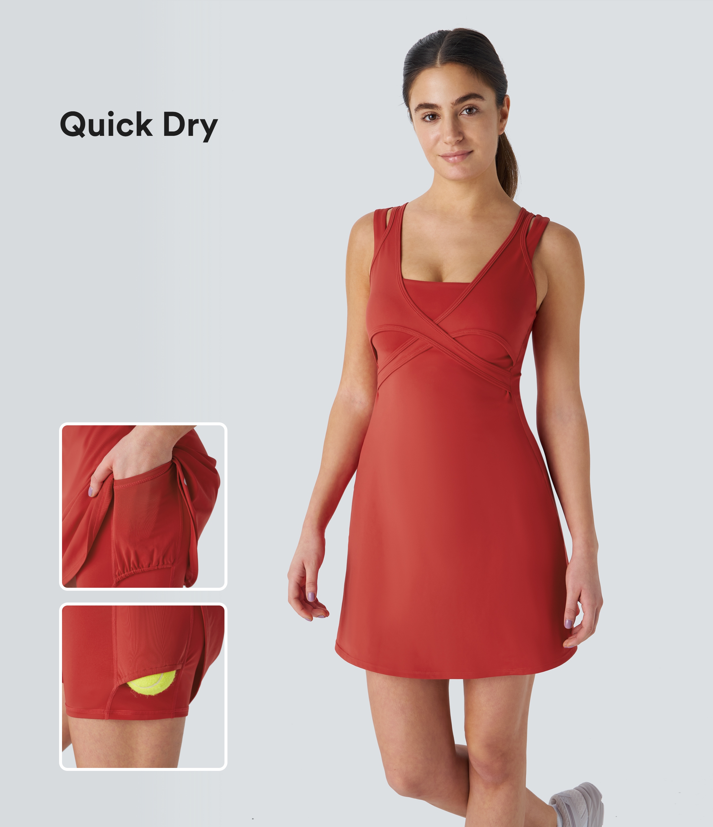 Halara – Softlyzero™ QuickDry – Rückenfreies 2-in-1 Tennis-Mini-Aktivkleid mit Doppelträgern und Seitentasche – Valiant Poppy – XL