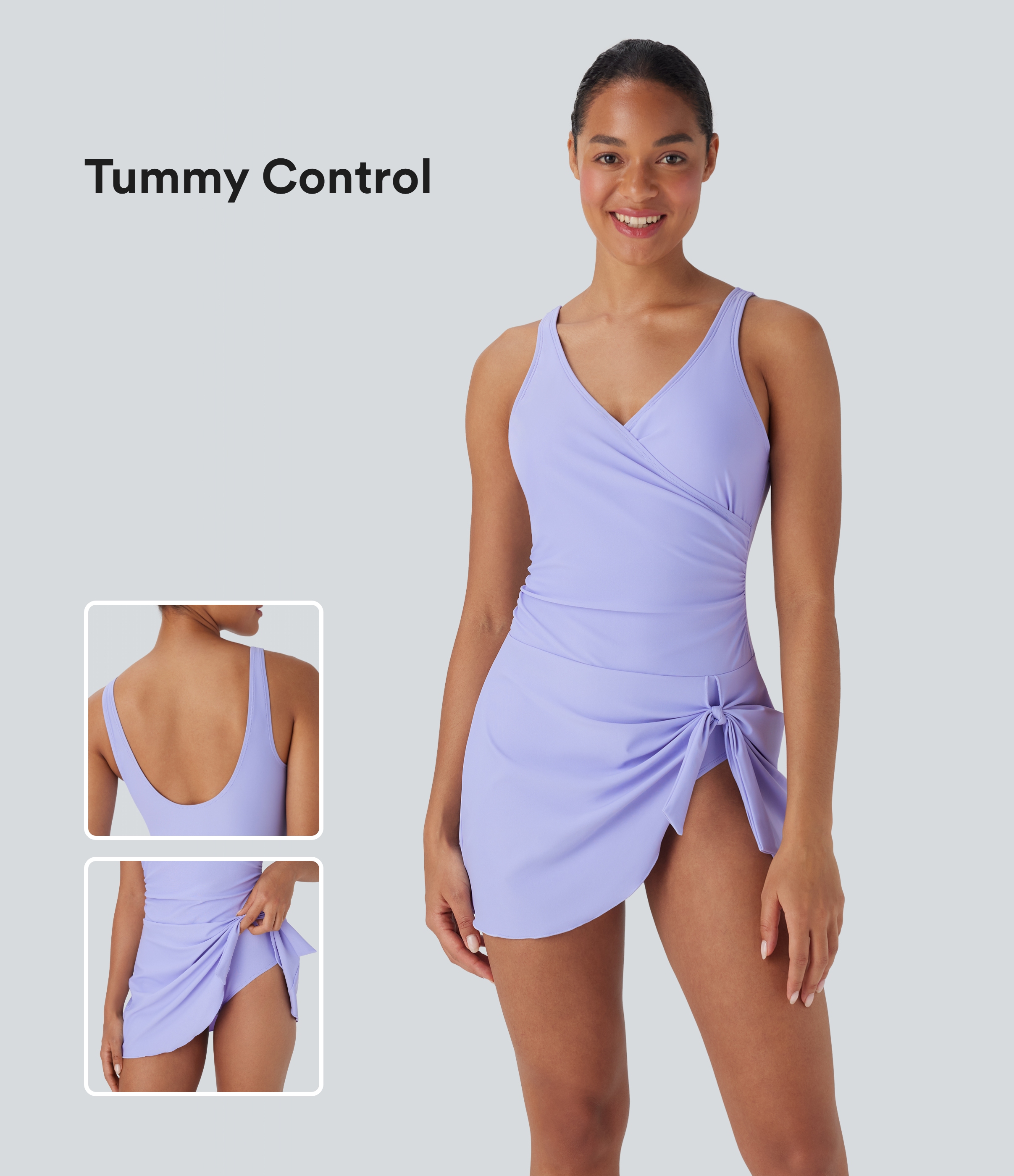 Crossover V Neck Ruched Asymmetric Tie Hem 2-in-1 Tummy Control One Piece Swimsuit