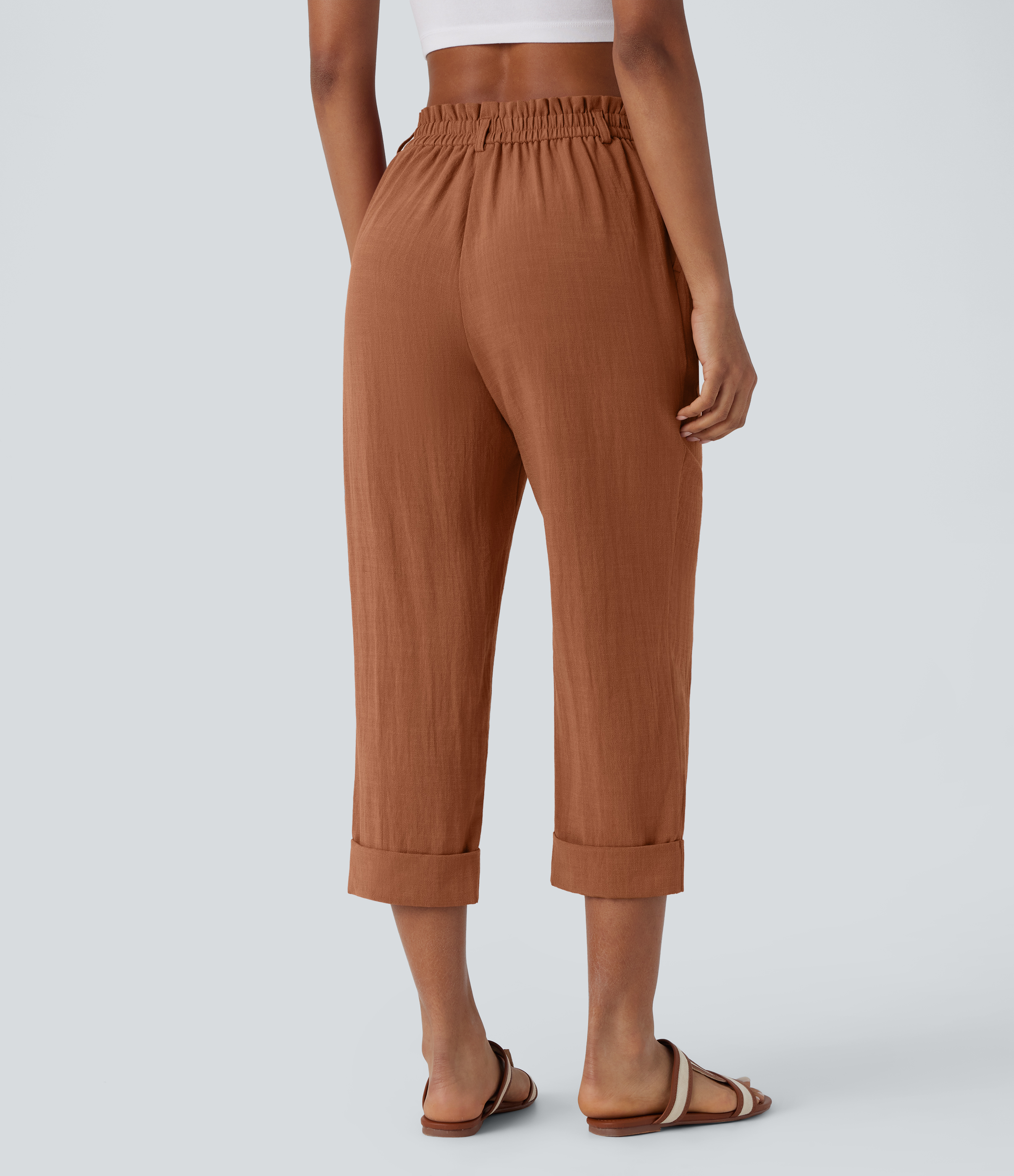Sierra Pantalón capri lino tiro alto bolsillo lateral cremallera botón / 2