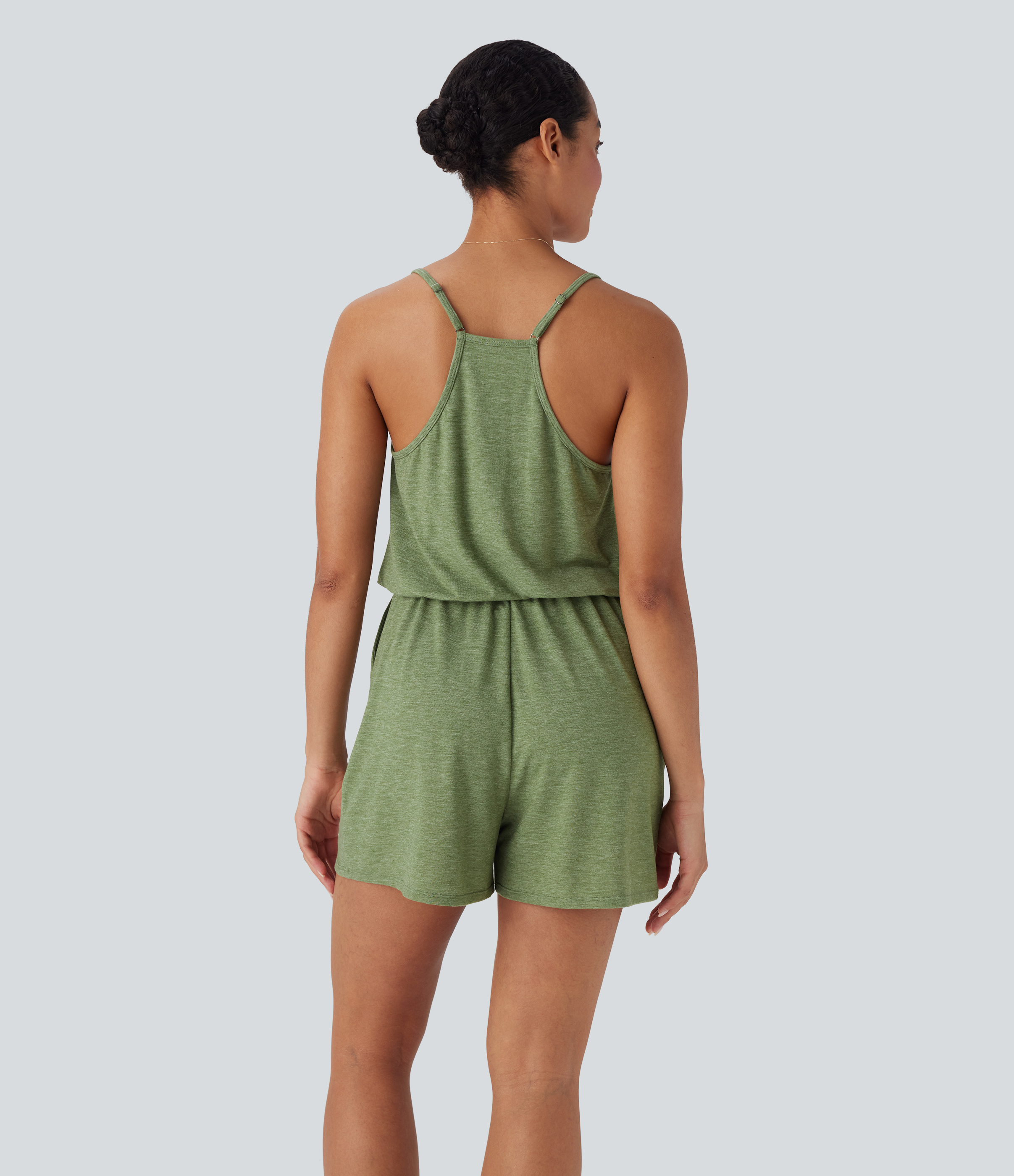 Light Green Floral Yarn Jumpsuit mit weitem Bein und Taschen / 2
