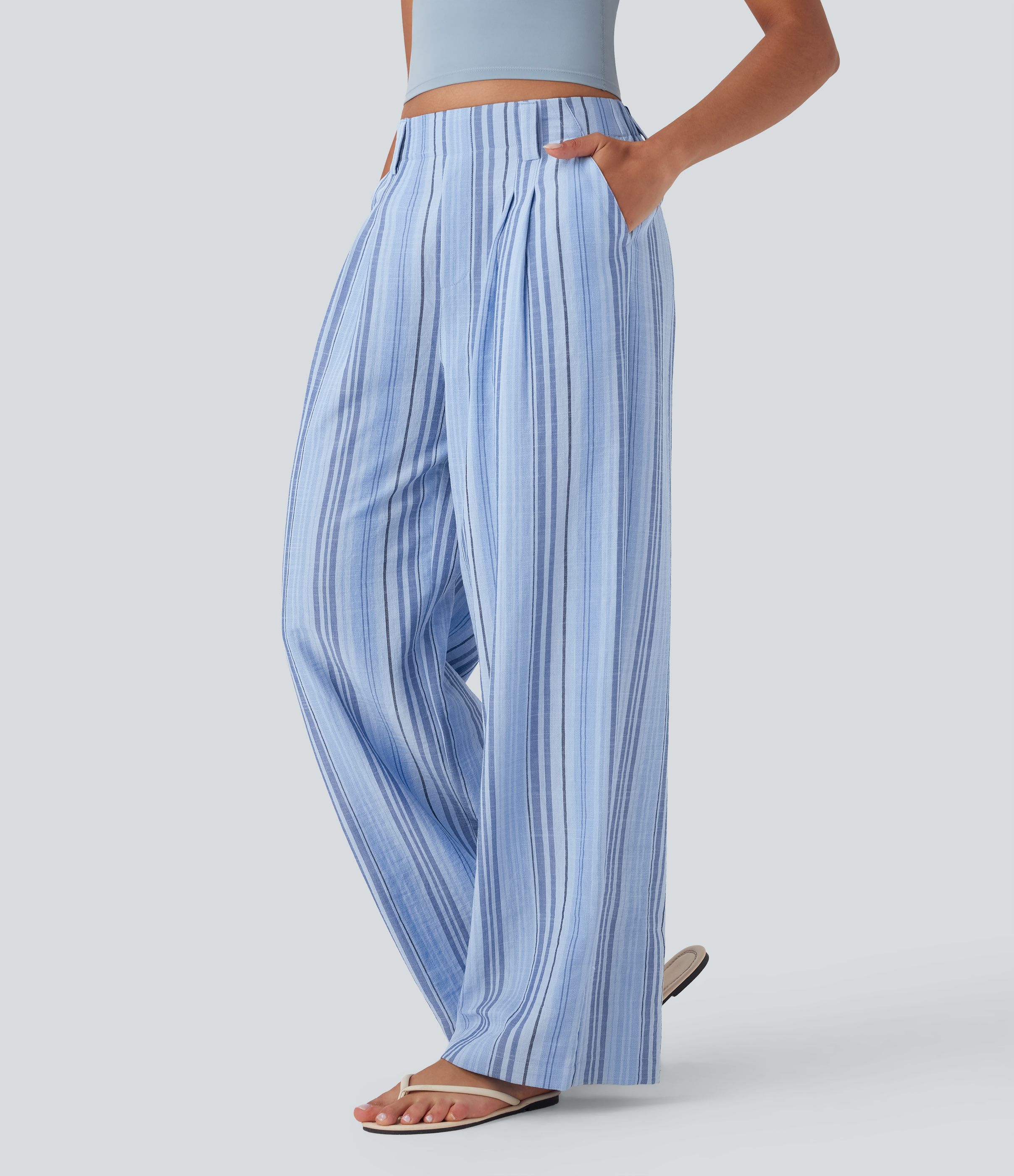 High Waisted Stripe Wide Leg Casual Linen-Feel Pants with Pockets