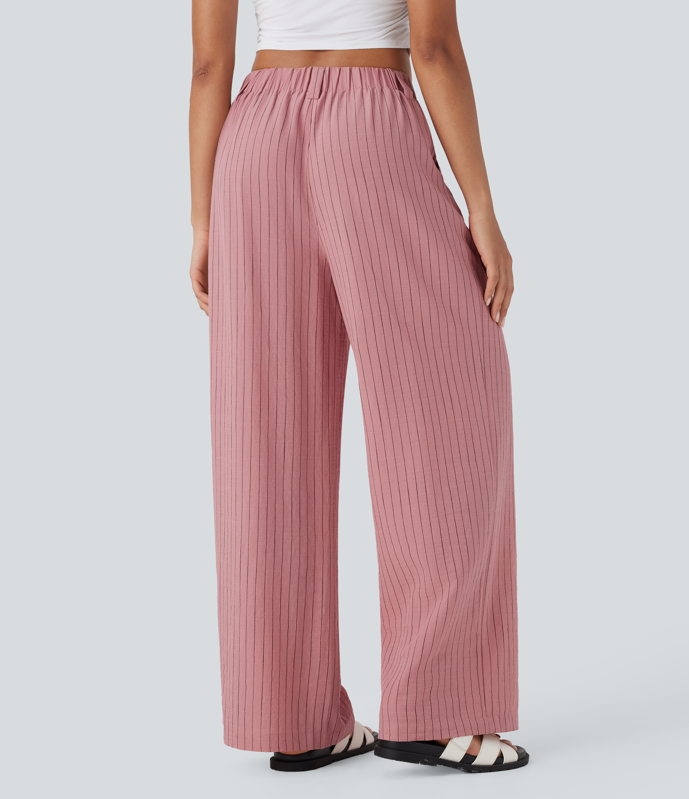 Candy Pink Black Yarn Dye Stripes Pantalones anchos casuales de lino a rayas con tiro alto y bolsillos / 2