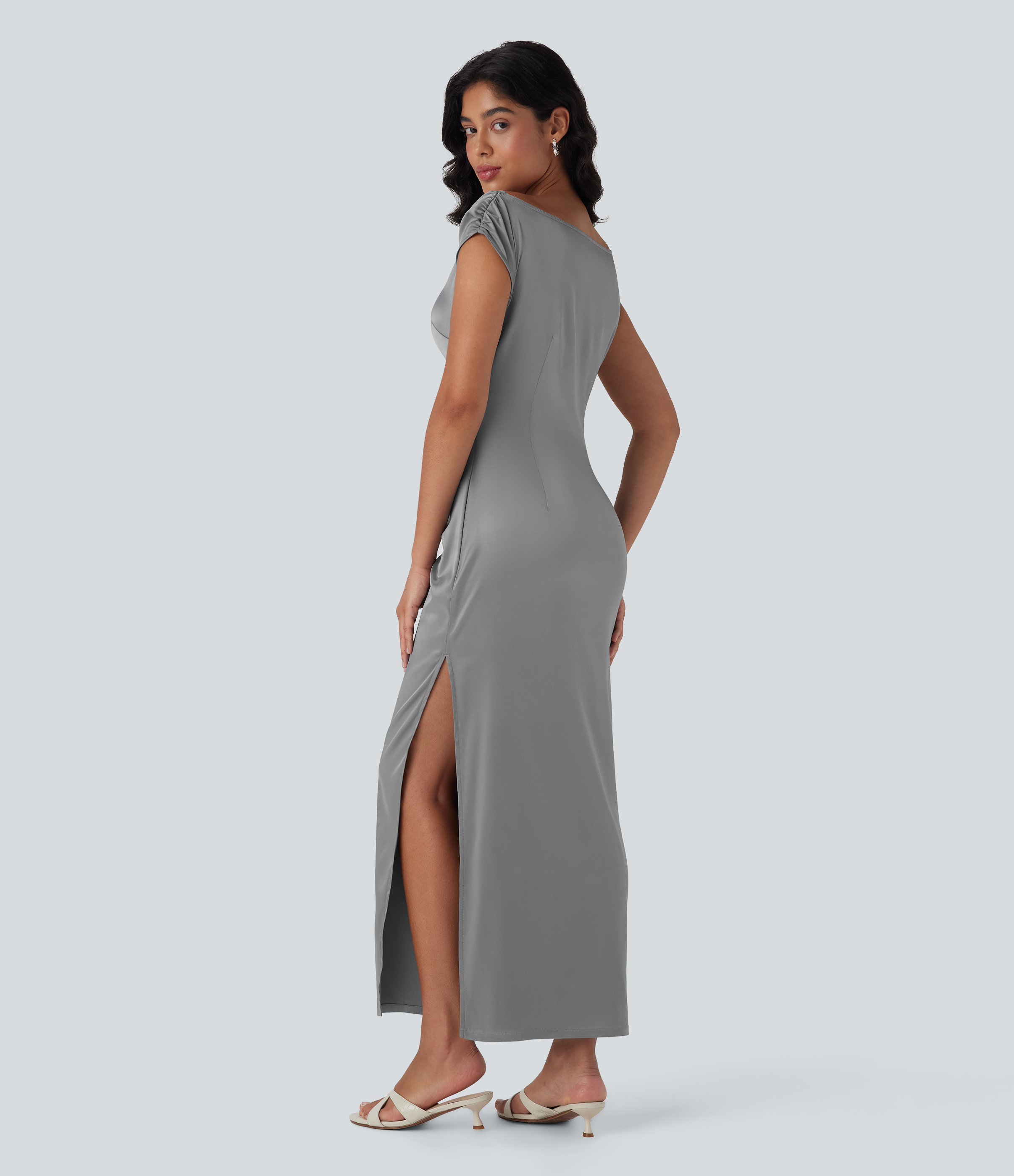 Alloy Vestido de manga corta para fiestas de satén fruncido con abertura y cremallera invisible con cuello barco / 2
