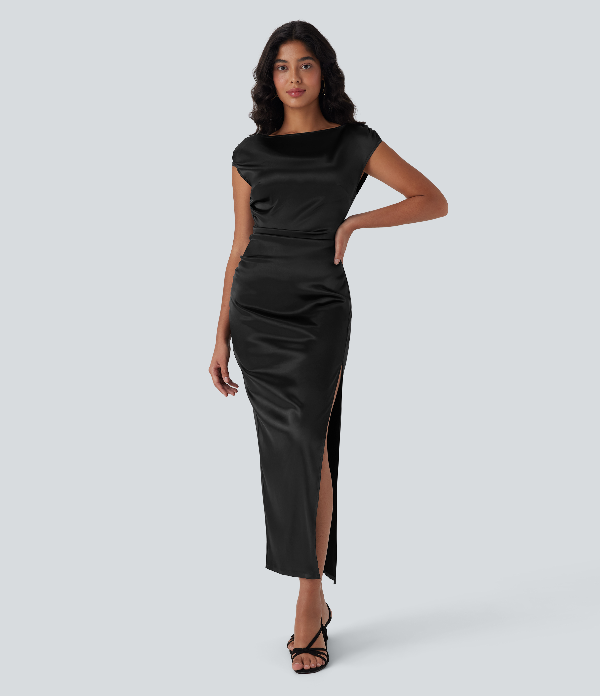 Boat Neck Cap Sleeve Ruched Satin Dress