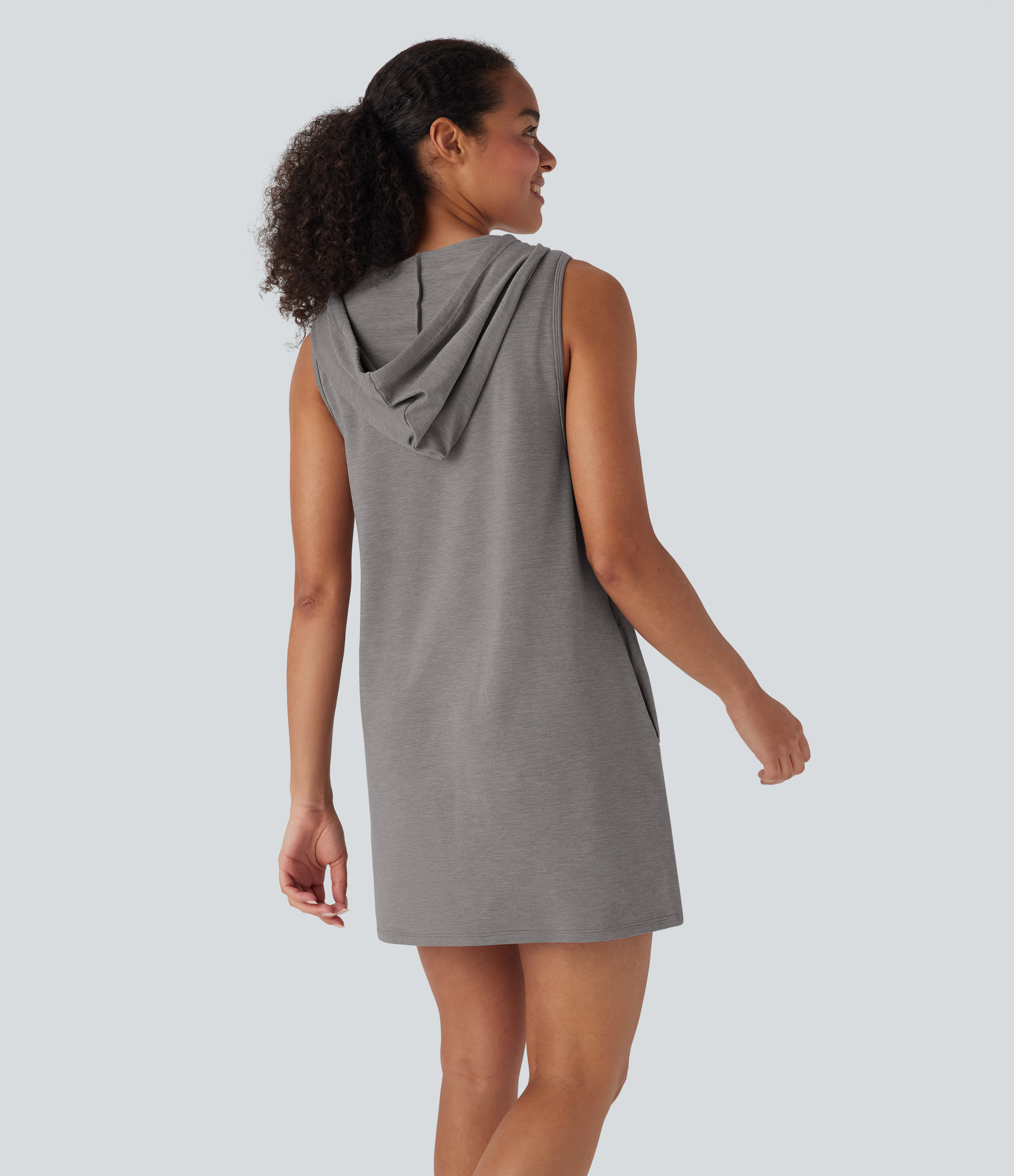 Mottled Earth Gray Vestido mini casual recto sin mangas con capucha y cordón ajustable con bolsillos / 2