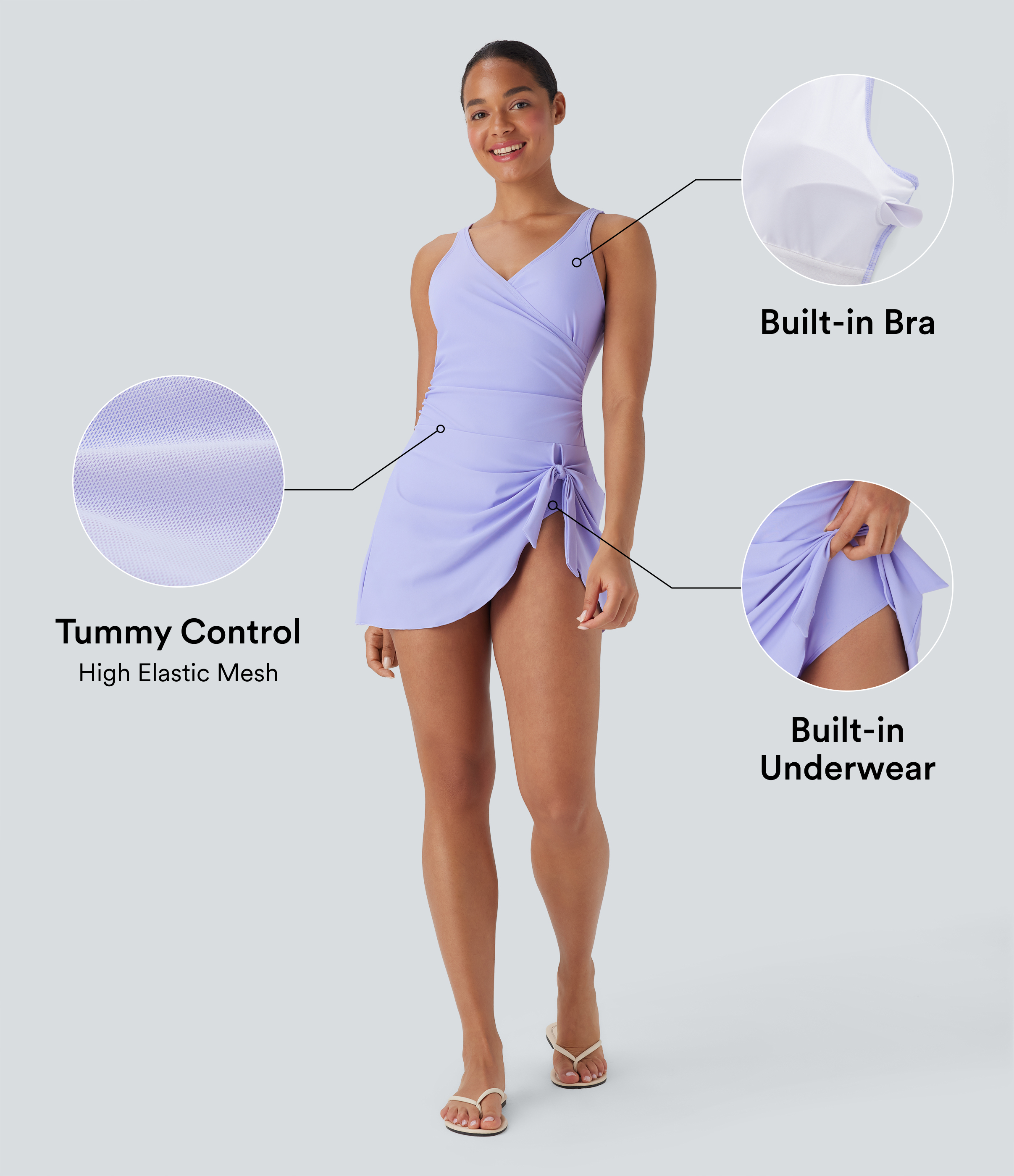 Gem Light Blue Überkreuzter V-Ausschnitt Geraffter Asymmetrischer Bindungsabschluss 2-in-1 Bauchkontrolle Badeanzug / 2