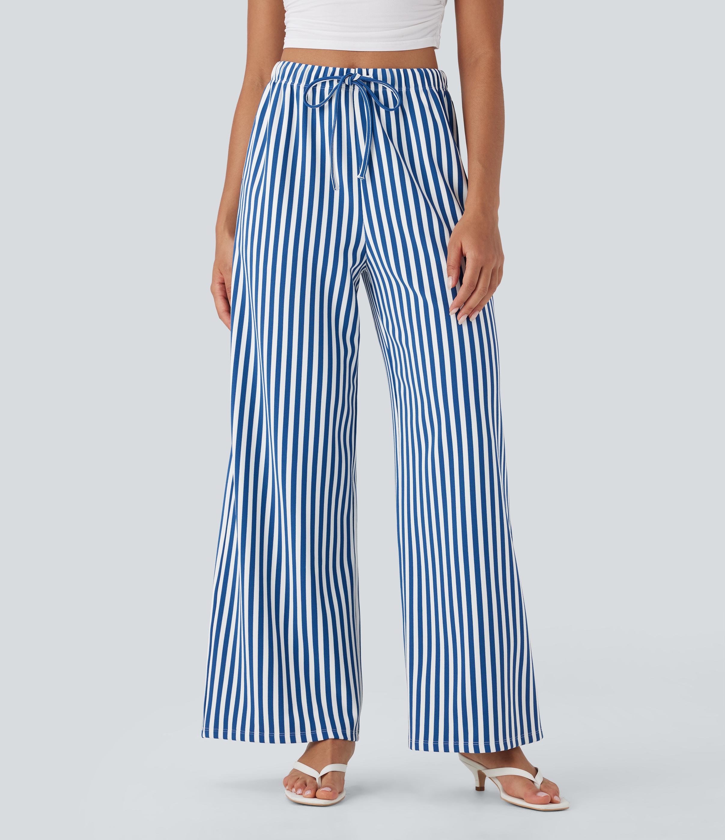 Cerulean Stripes Pantalón pierna ancha tiro alto cordón ajustable raya gofre bolsillo / 1