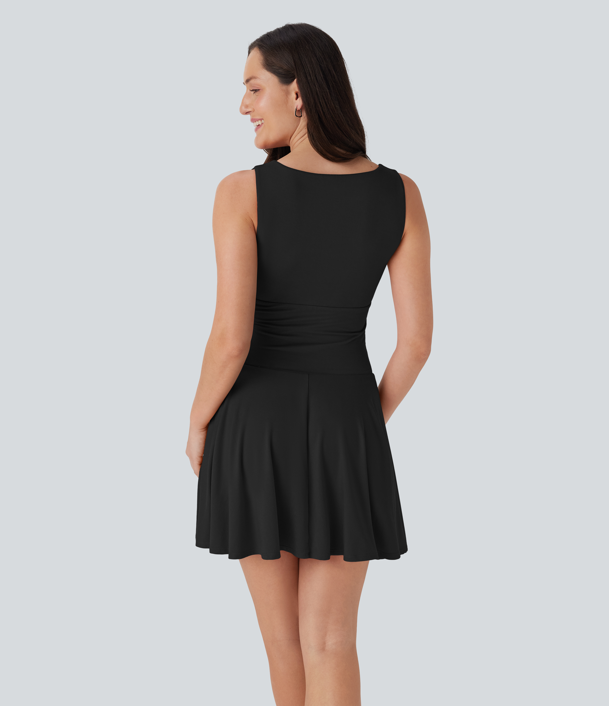 Black Boat Neck Sleeveless Ruched Flowy Mini Casual Dress / 2
