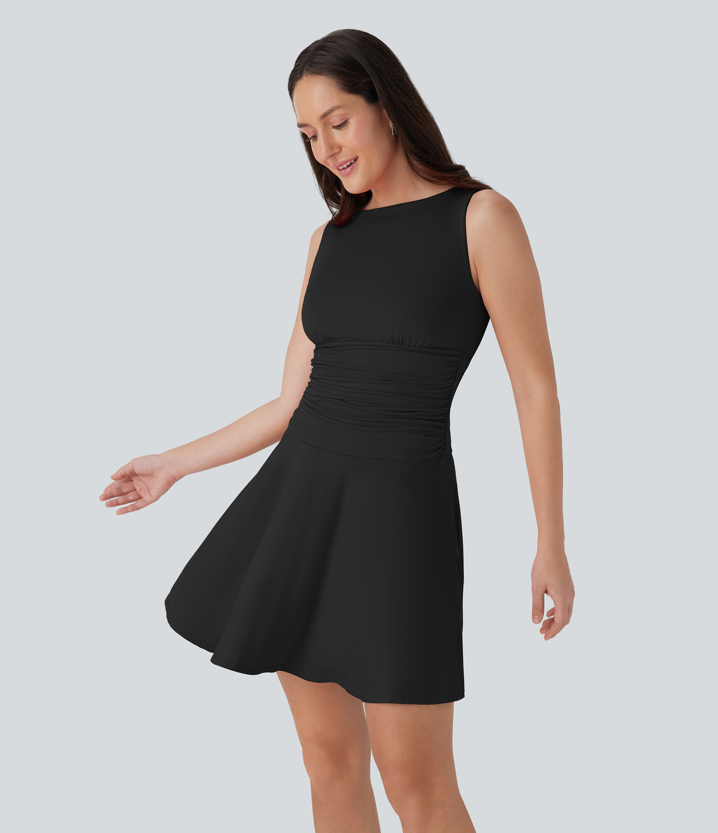 Black Boat Neck Sleeveless Ruched Flowy Mini Casual Dress / 1