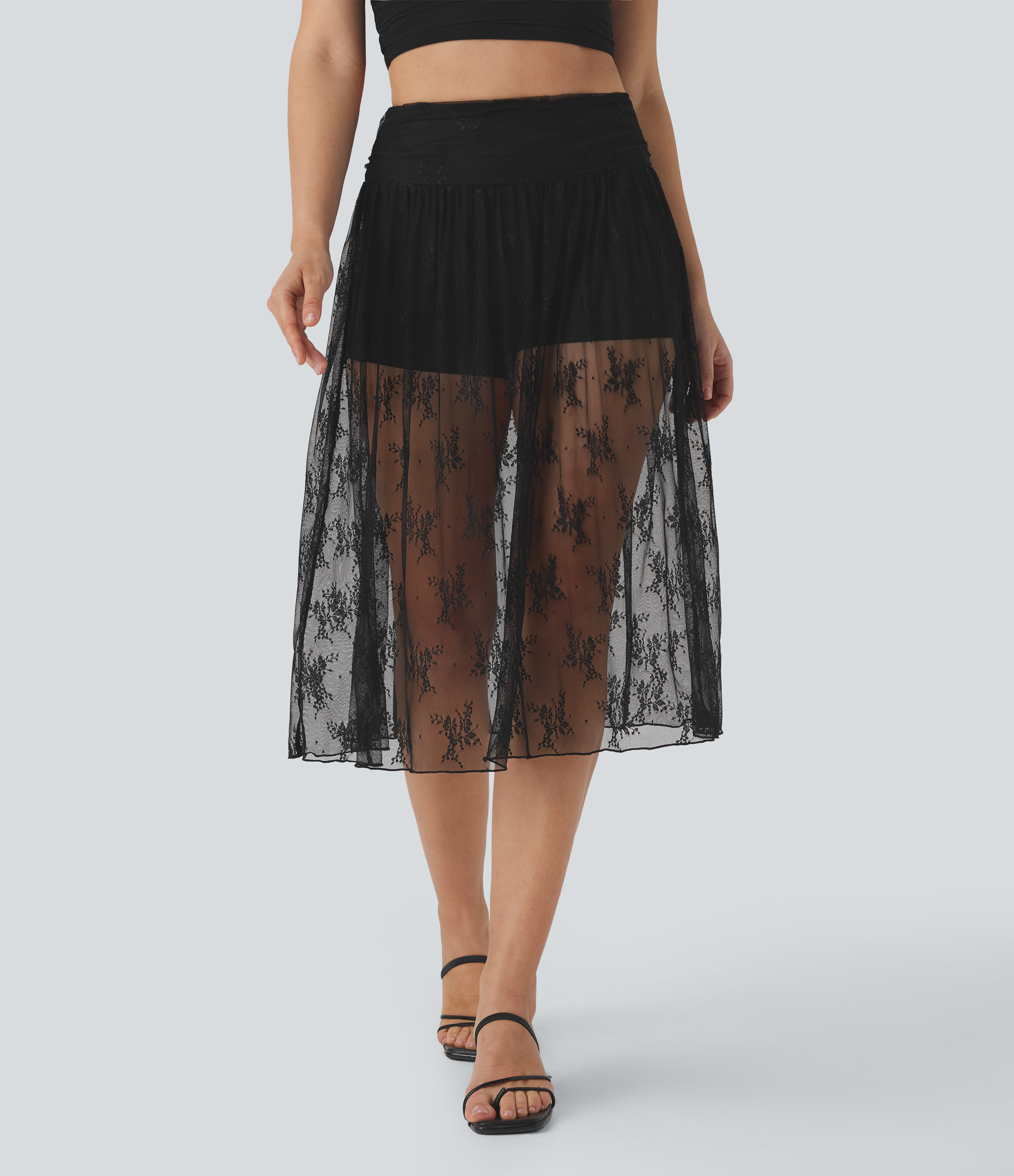 Jupe mi-longue de fête 2-en-1 taille haute en dentelle avec poche