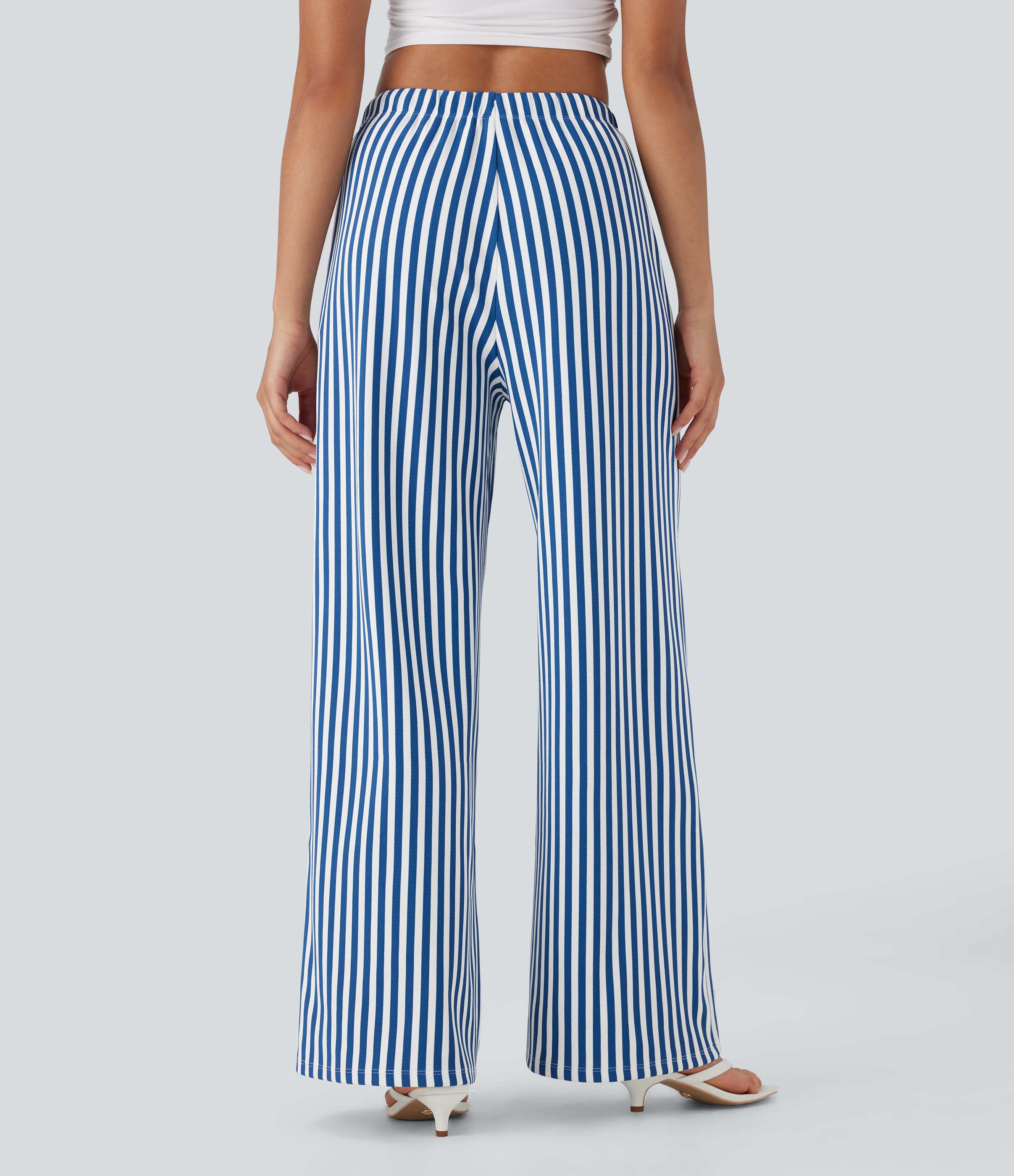 Cerulean Stripes Pantalón pierna ancha tiro alto cordón ajustable raya gofre bolsillo / 2