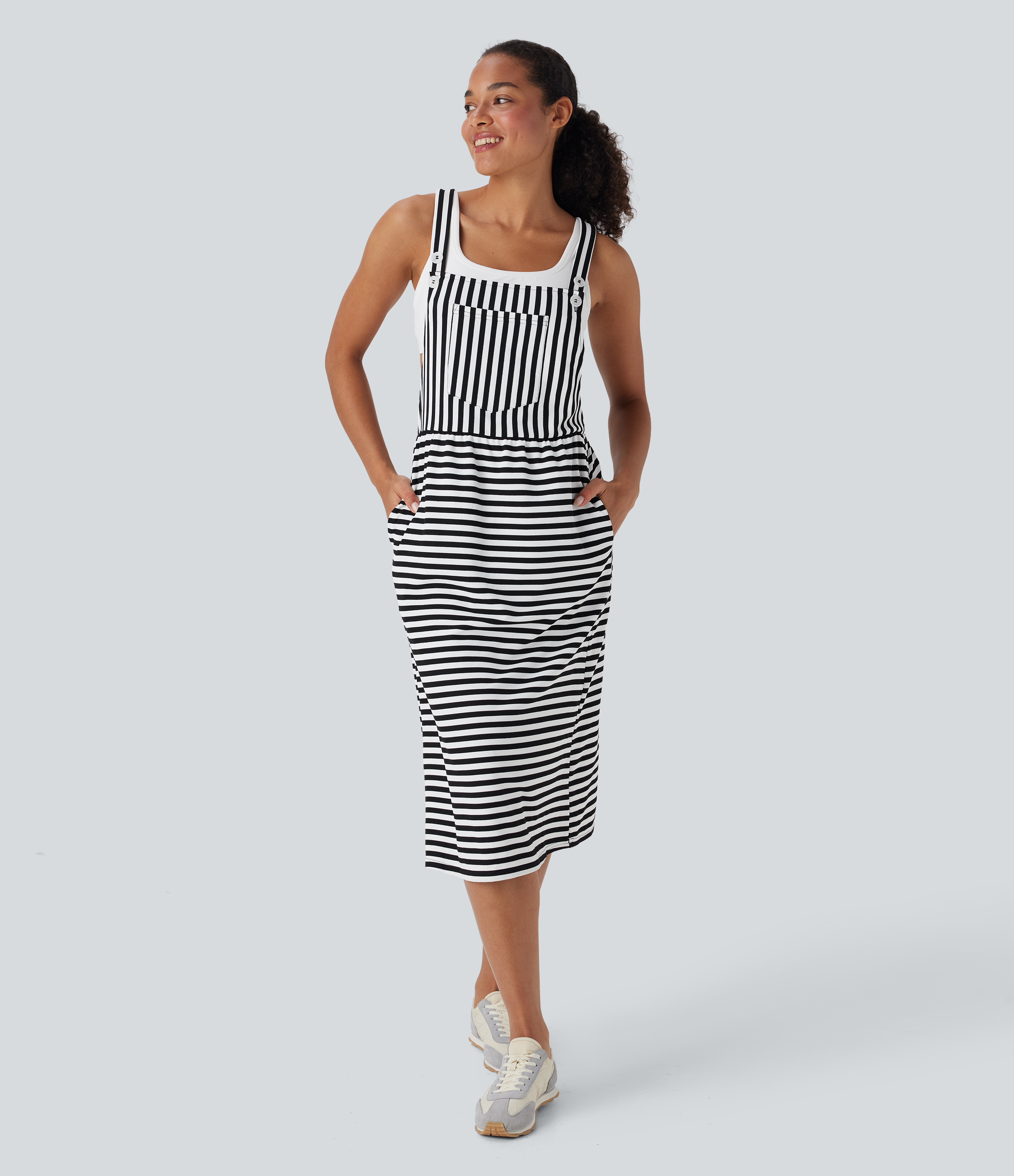 Vestido pichi tira ajustable botón múltiple bolsillo raya