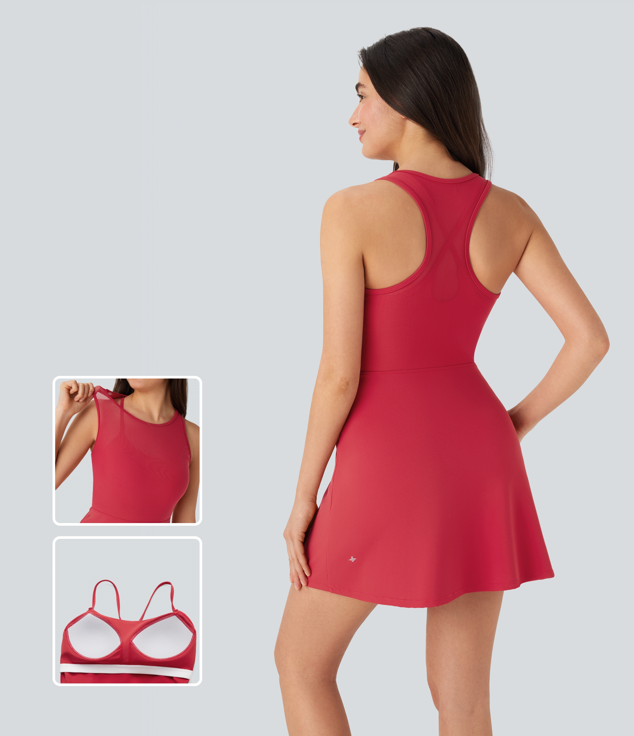 Halara – SpeedWave™ – Tennis-Minikleid mit überkreuzten Trägern, Racerback, kontrastierendem Mesh und geformten Körbchen – schnelltrocknend – Poinsettia – XS