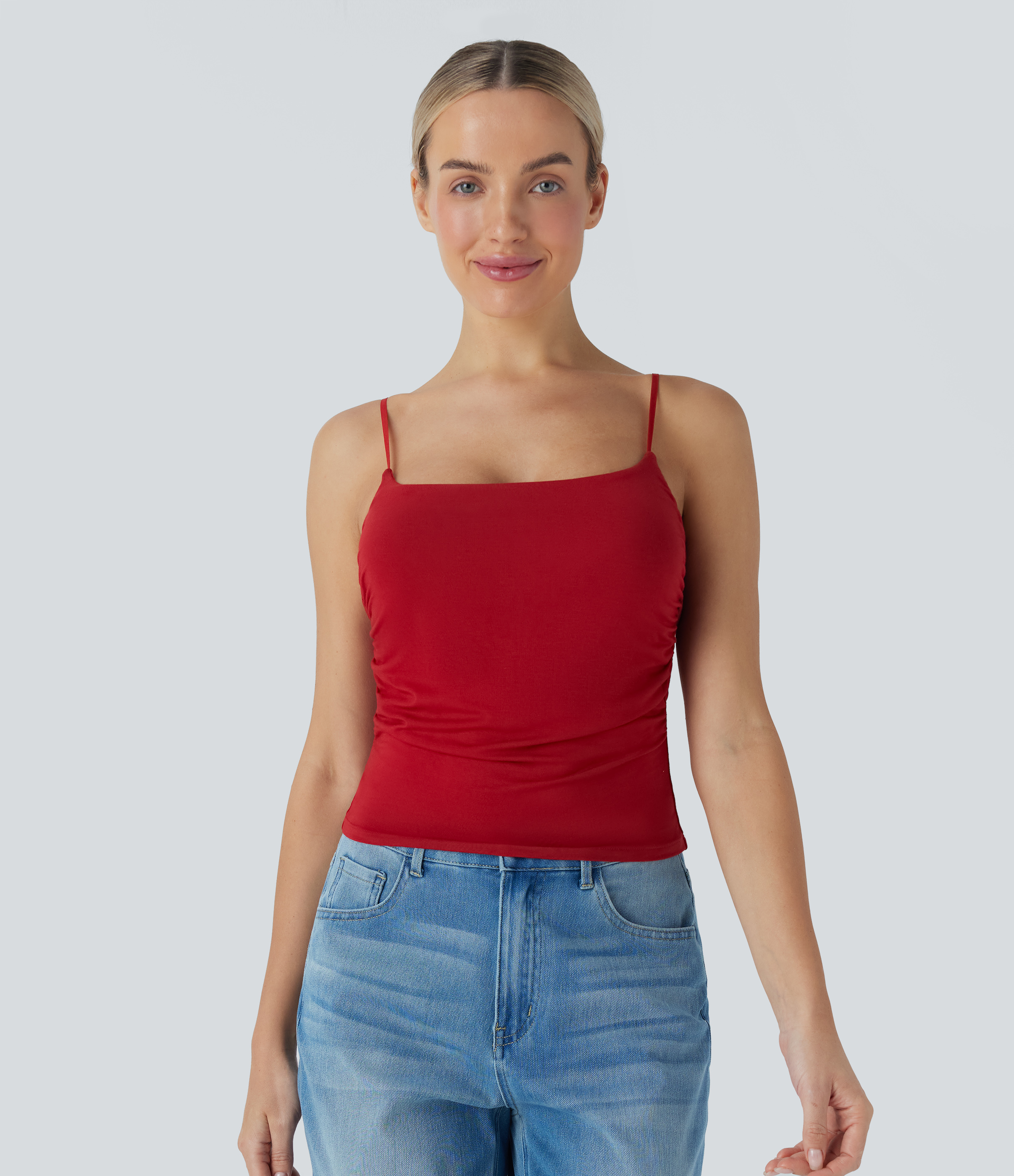 Equestrian Red Ruched Built-in Bra Casual Cami Top / 1