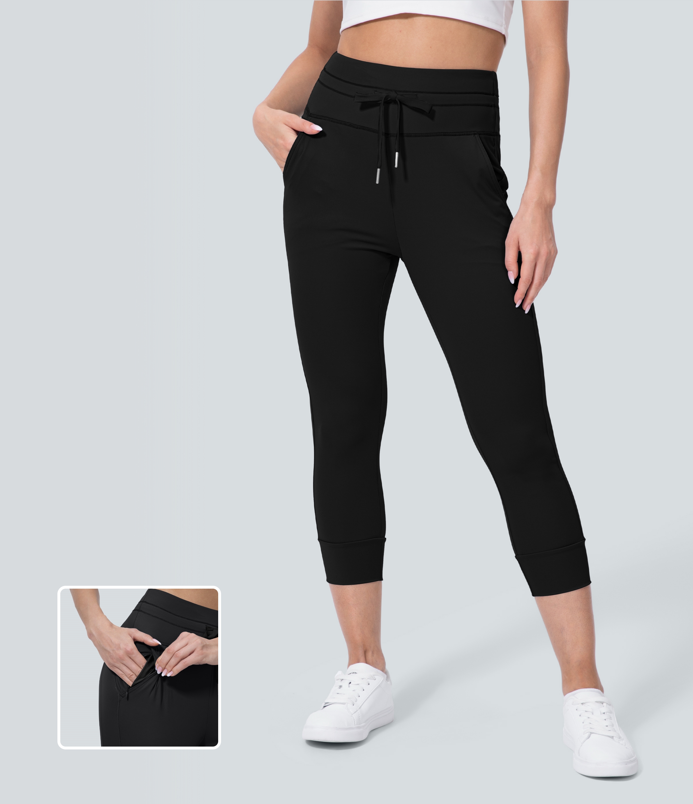 SoftlyZero™ Plush High Waisted Drawstring Pocket Plain Capri Yoga Joggers
