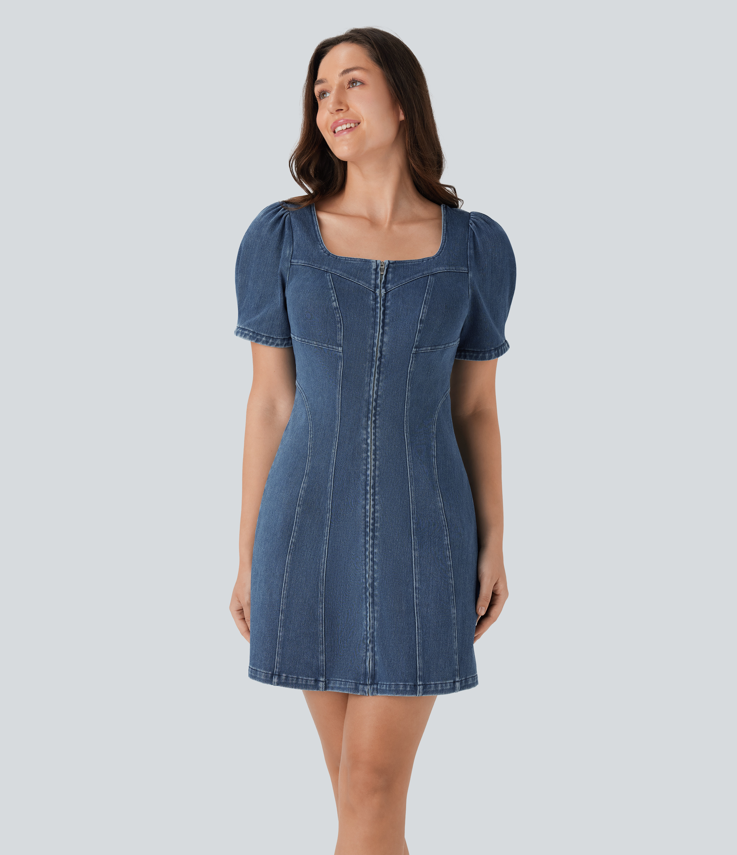 Halara Flex™ Square Neck Short Sleeve Zipper Denim Mini Casual Dress