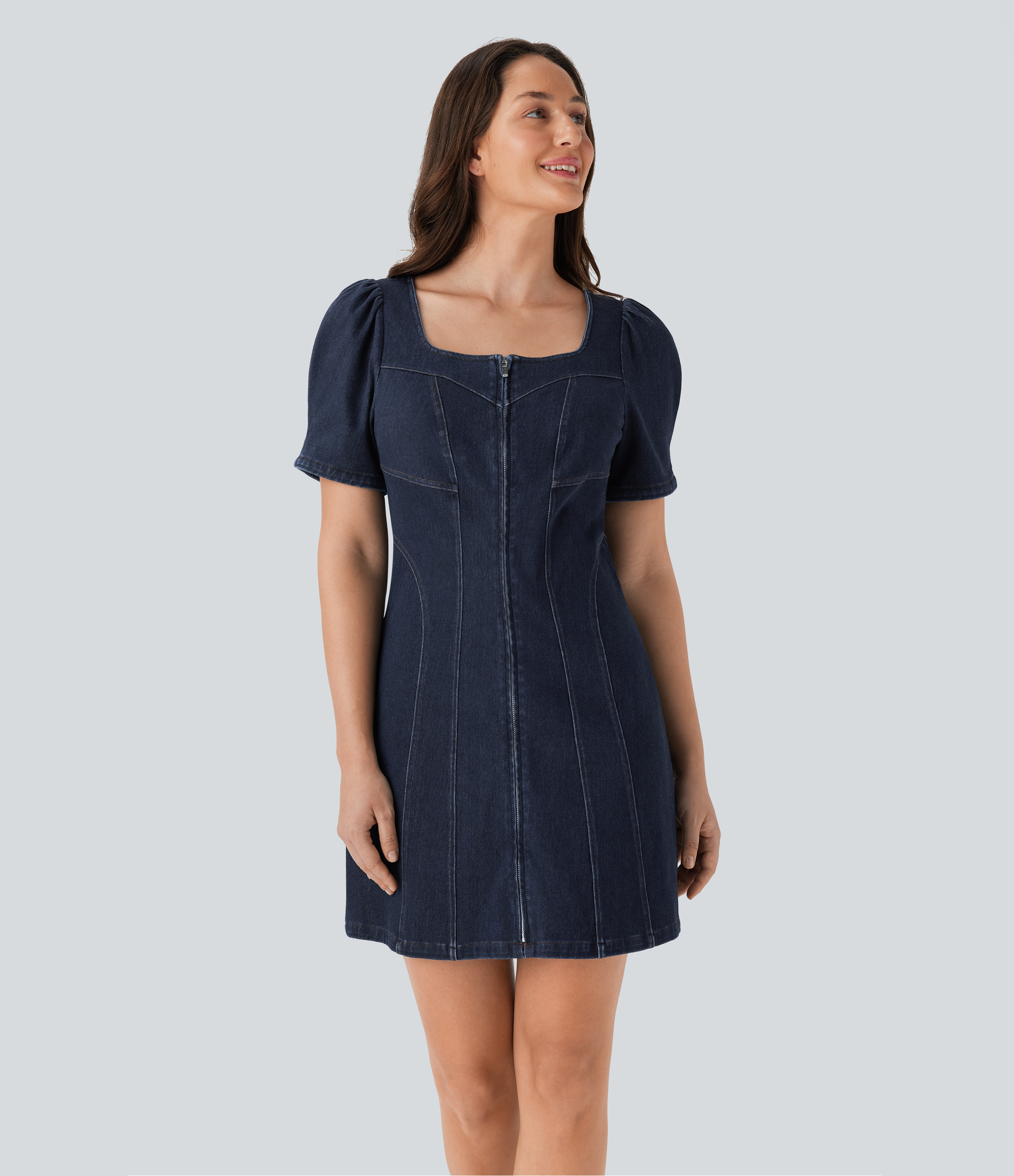Halara Flex™ Square Neck Short Sleeve Zipper Denim Mini Casual Dress