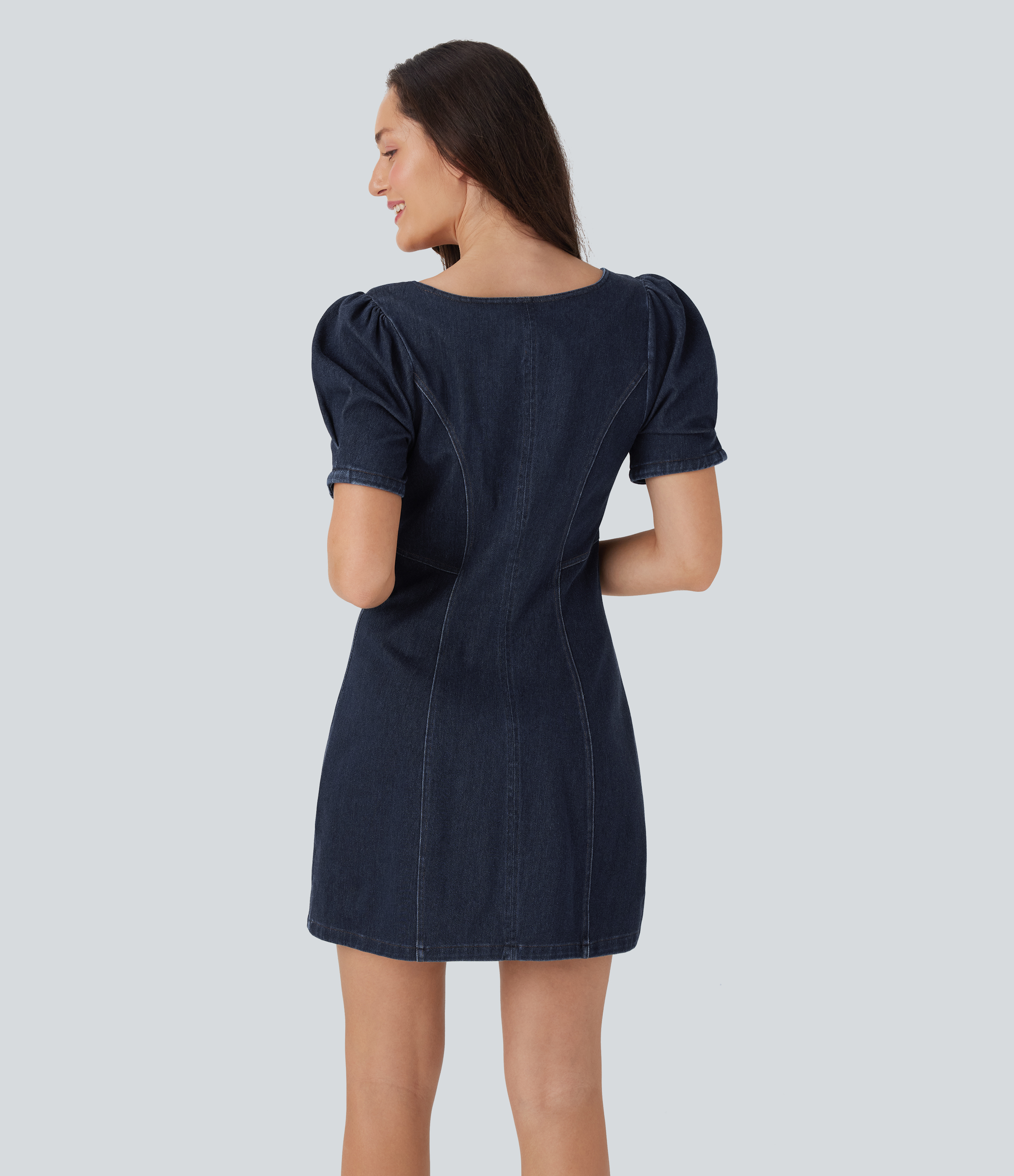 Depth Denim Halara Flex™ Square Neck Short Sleeve Zipper Denim Mini Casual Dress / 2
