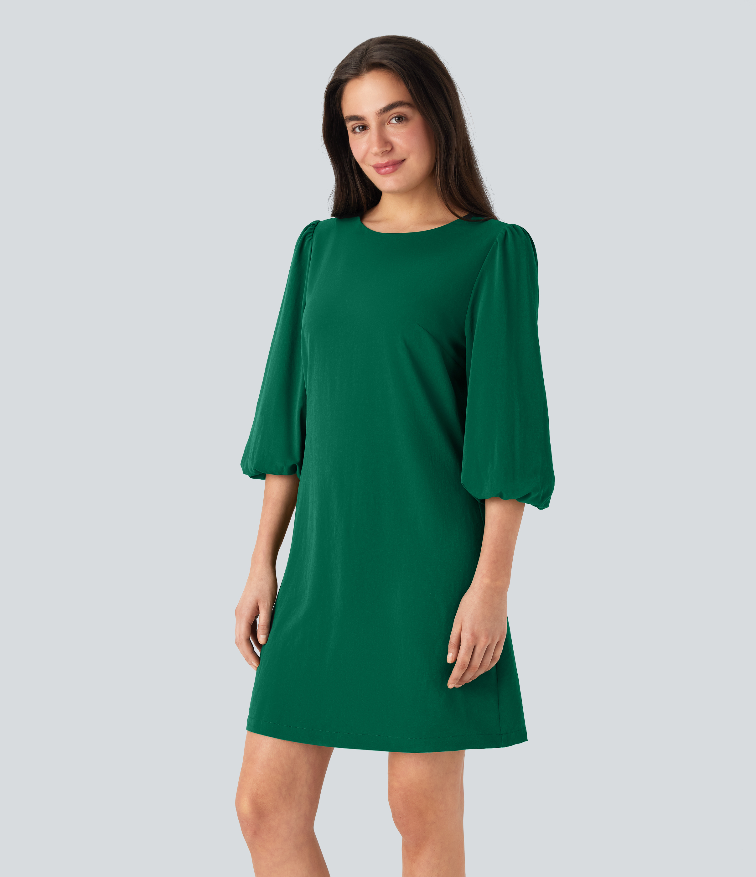 Green Jacket Vestido mini de lino con cuello redondo y mangas abullonadas para oficina / 1