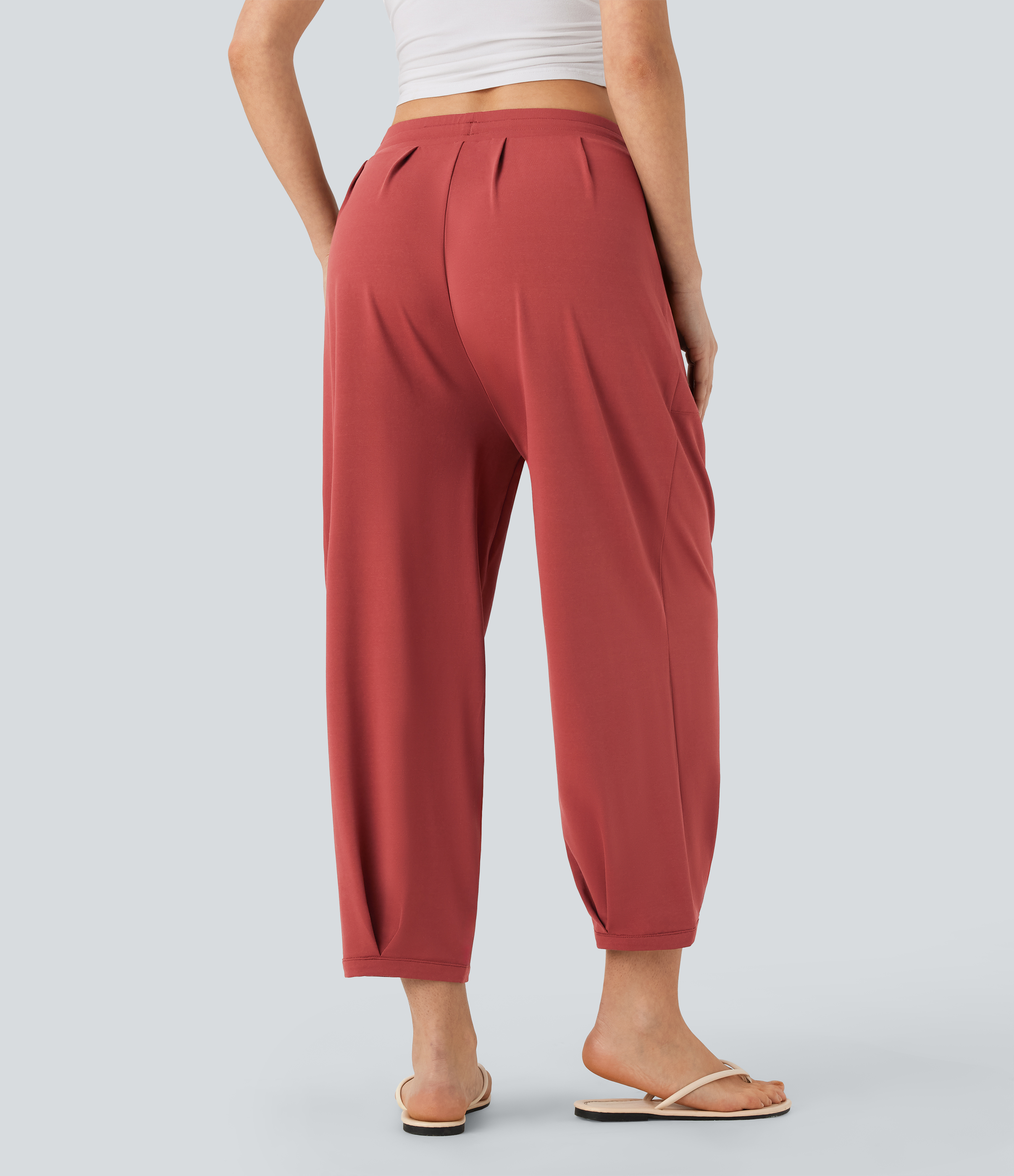 Rust Pantalones casuales ajustados de tiro medio con cordón y bolsillos / 2