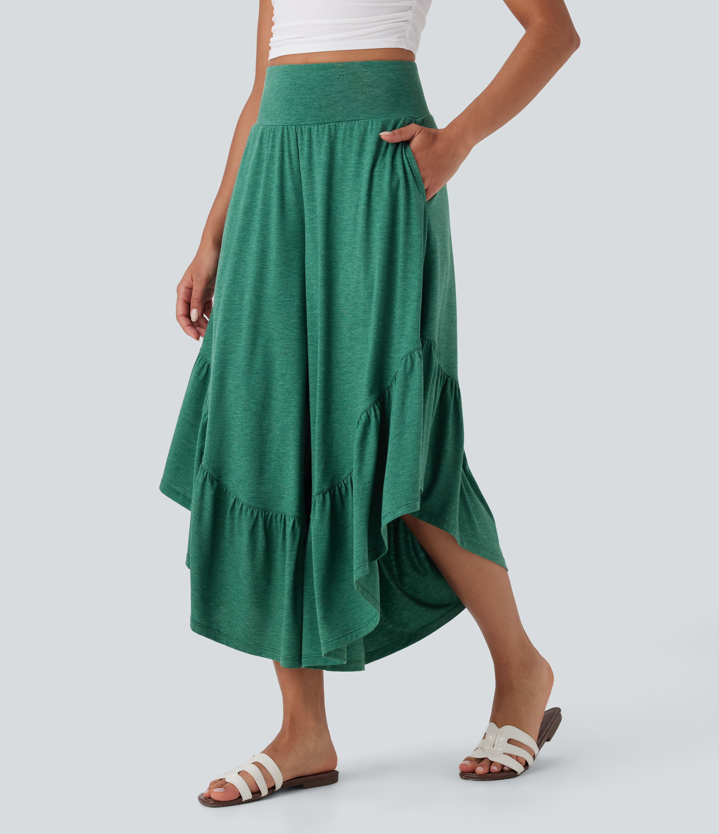 Emerald Floral Yarn Pantalones casuales de talle alto con dobladillo con volantes y bolsillos / 2
