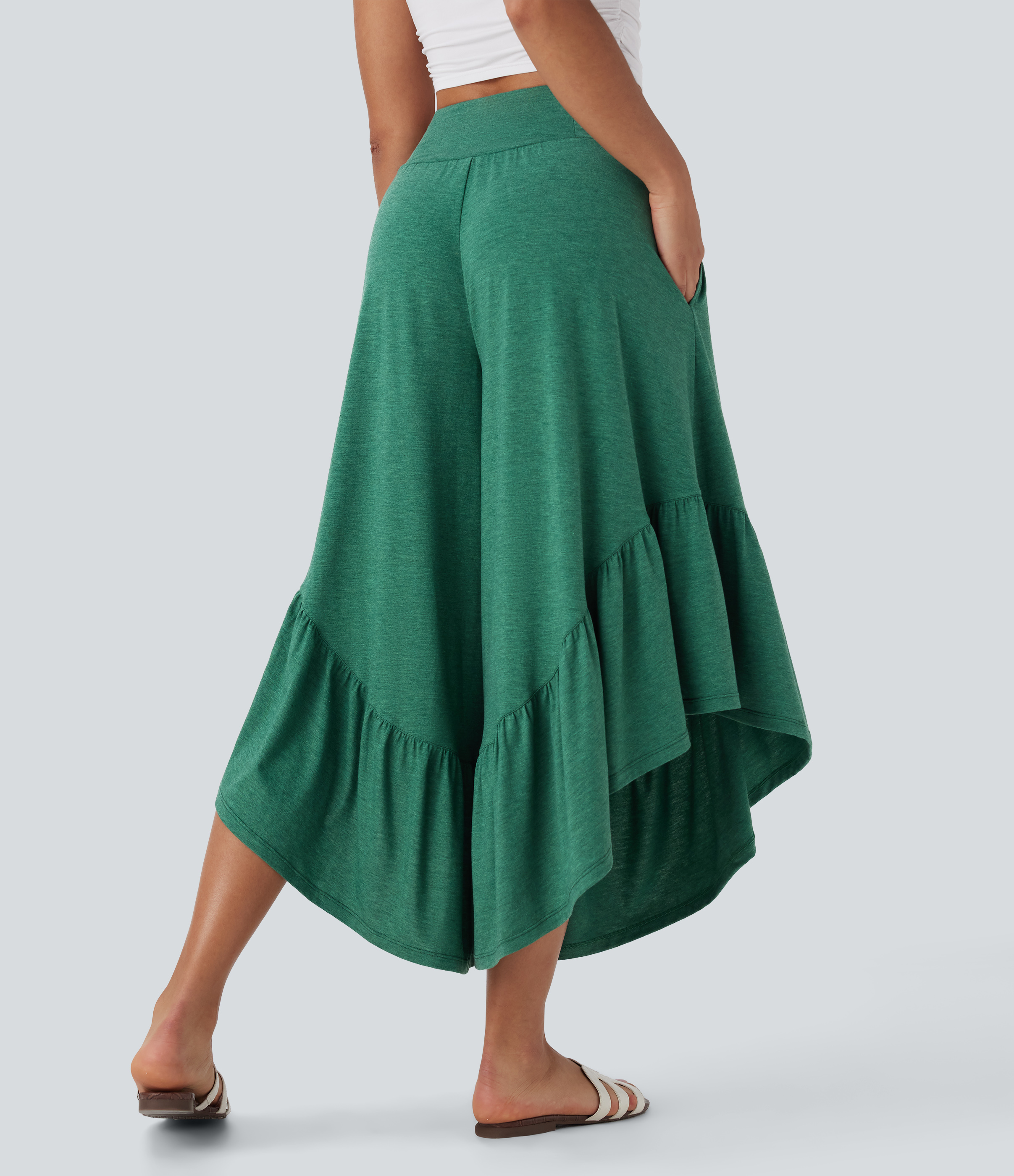 High Waisted Ruffle Hem Casual Pants with Pockets