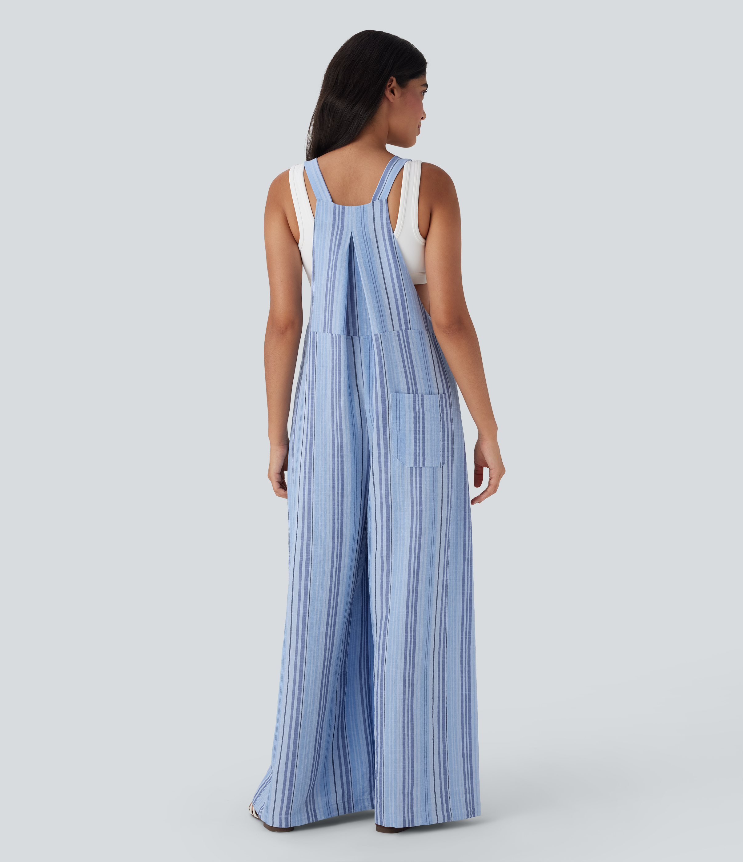 Bohemia Yarn Dye Blue Stripe Overol ancho casual a rayas holgado de lino con bolsillos, botones y tirantes ajustables / 2