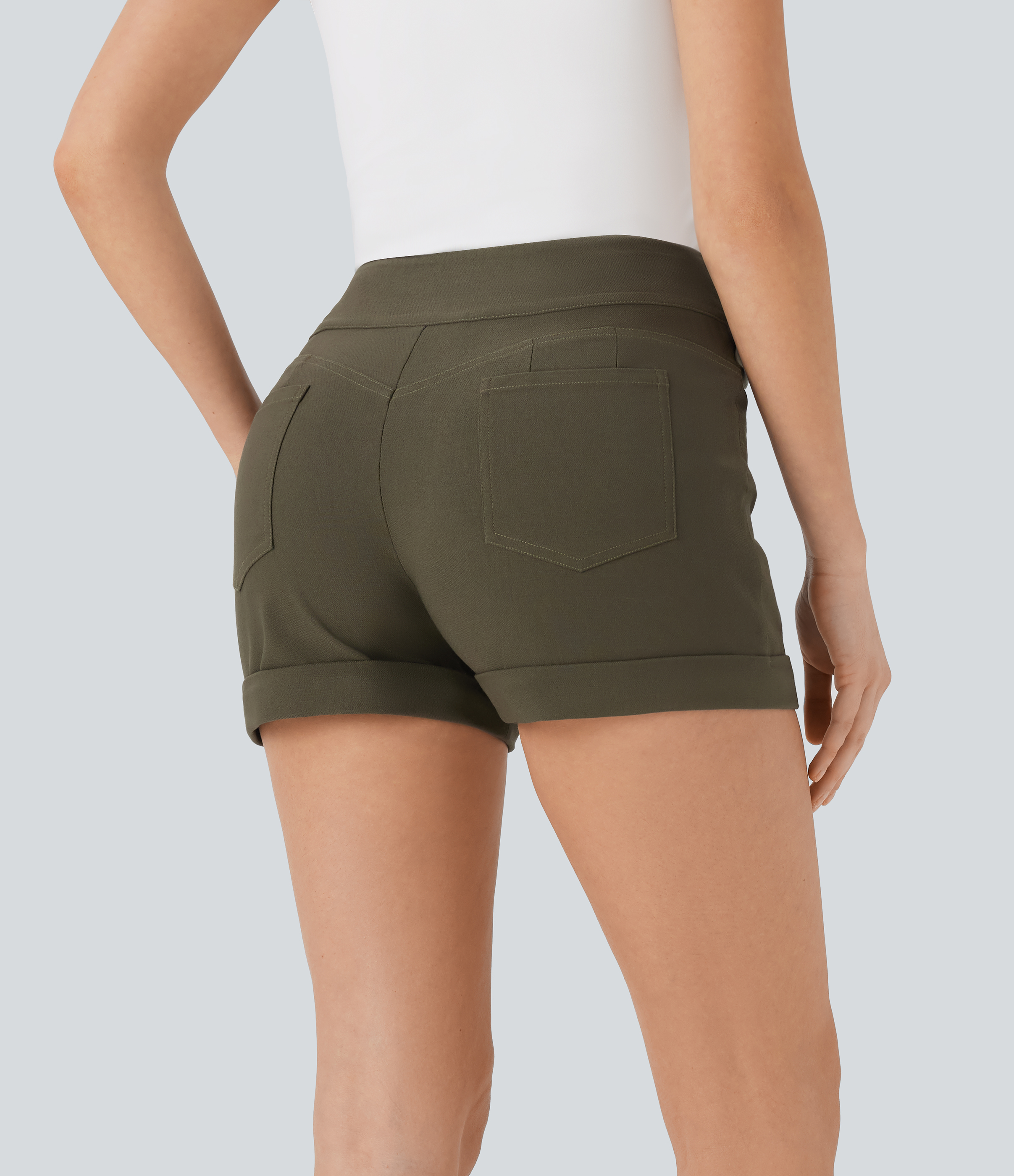 Forest Wild Brown Shorts casuales ajustados de tiro alto con botones y dobladillo enrollado con bolsillos / 2