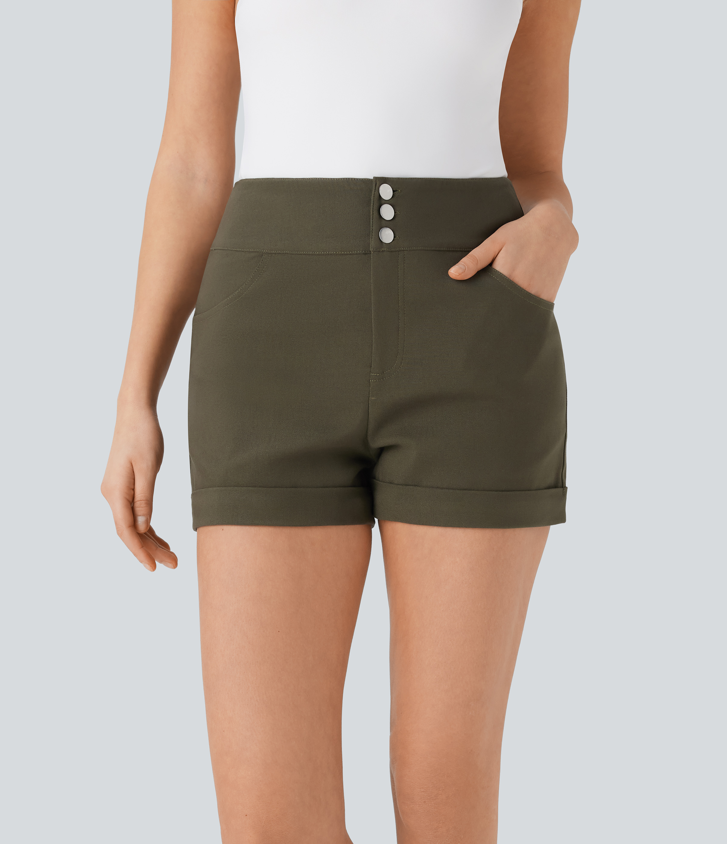 Forest Wild Brown Shorts casuales ajustados de tiro alto con botones y dobladillo enrollado con bolsillos / 1