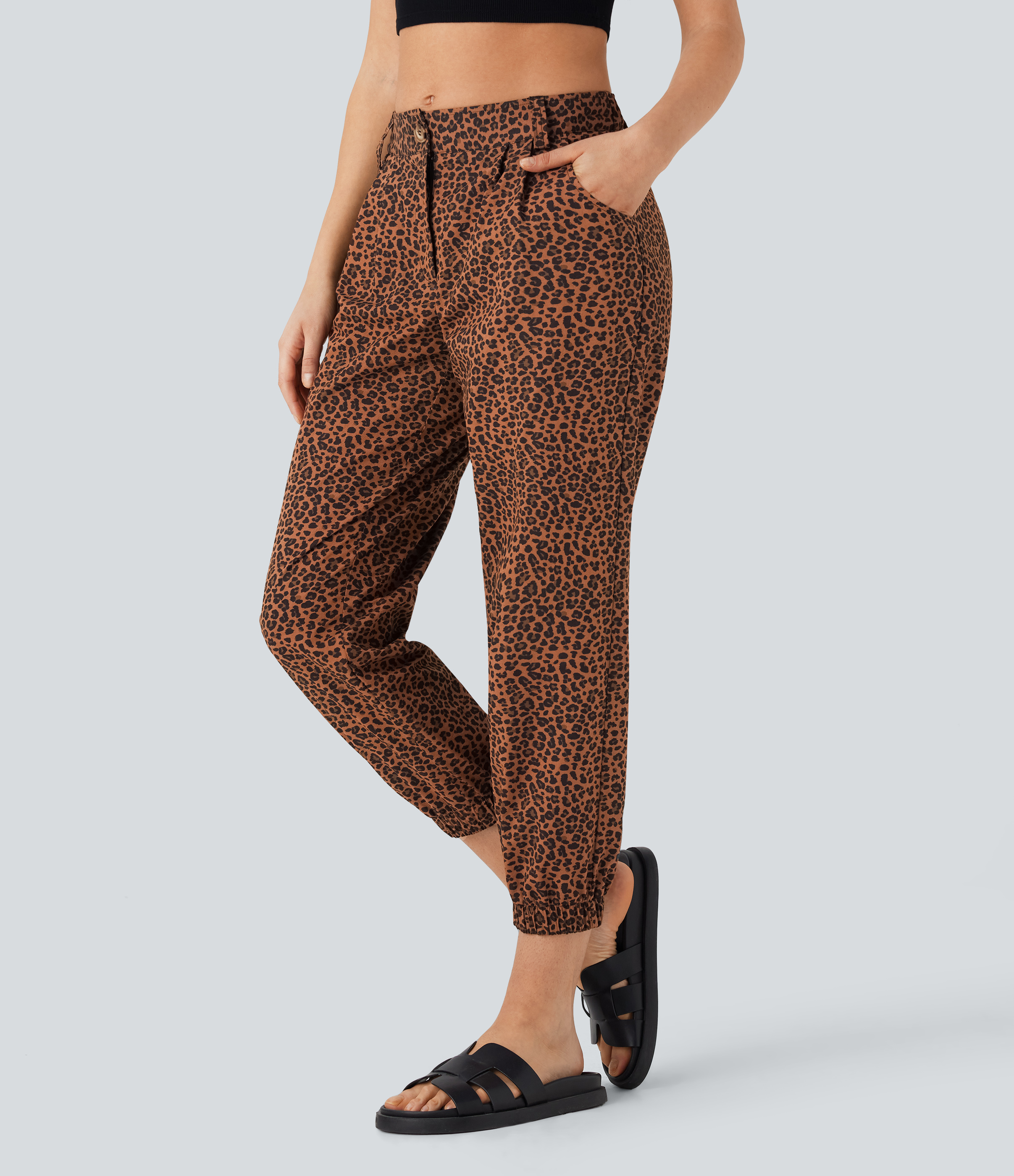 Jogging décontracté en coton imprimé léopard taille moyenne avec poches