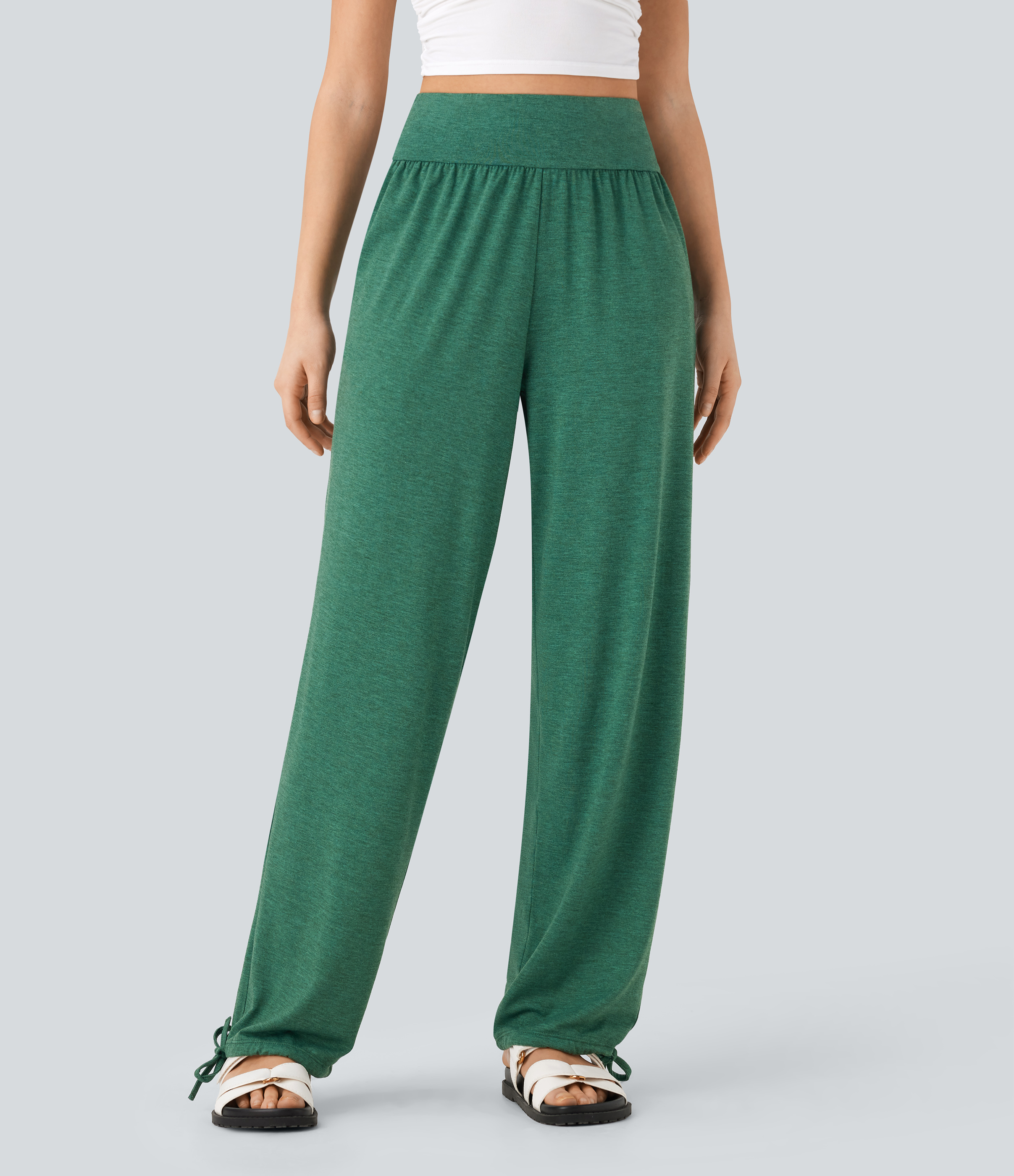 Emerald Floral Yarn Joggers casuales de tiro alto con dobladillo con cordón y bolsillos laterales / 2