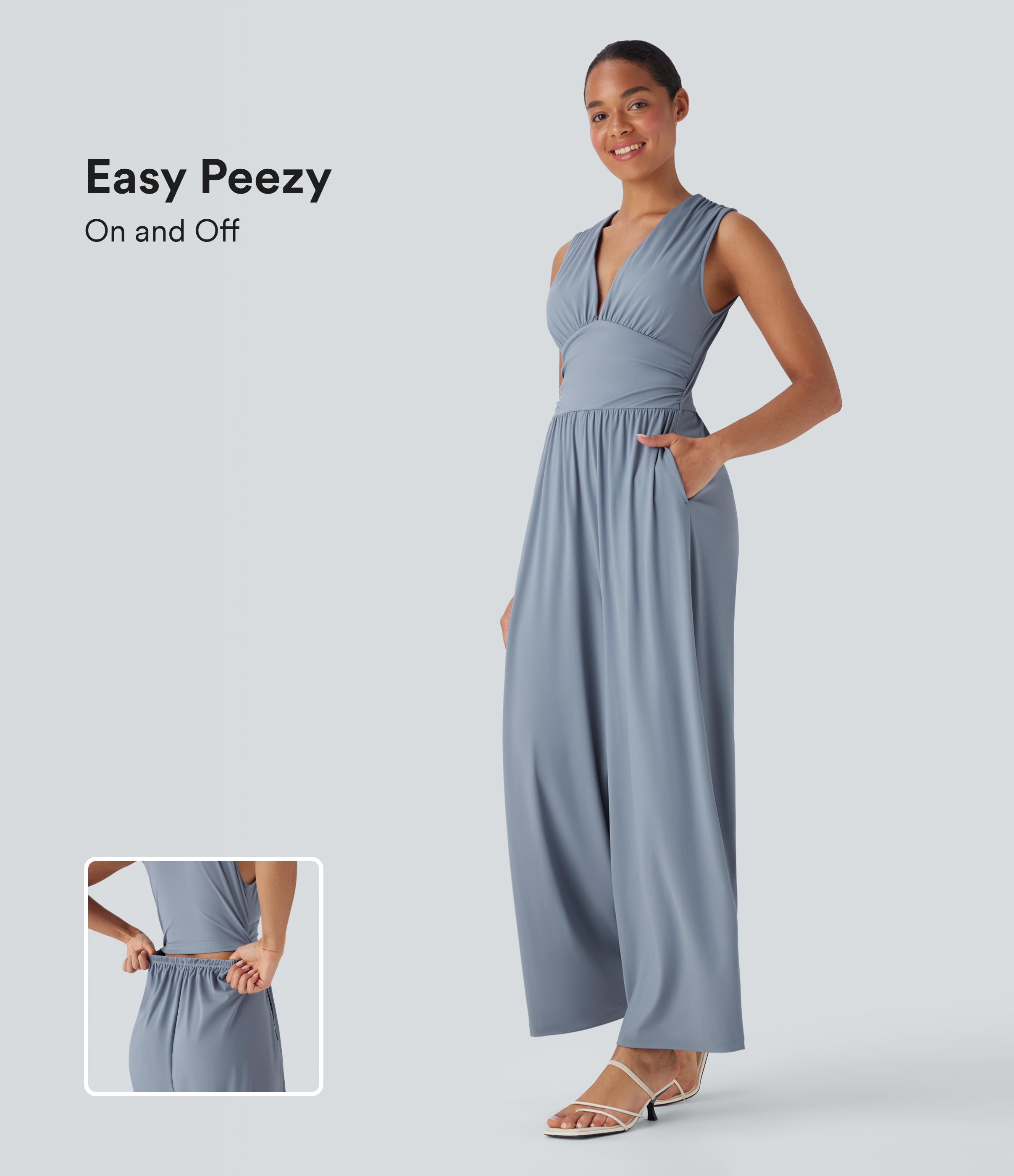Softlyzero™ Airy V Neck Sleeveless Ruched Side Pocket Invisible Zipper  Casual Jumpsuit-Easy Peezy