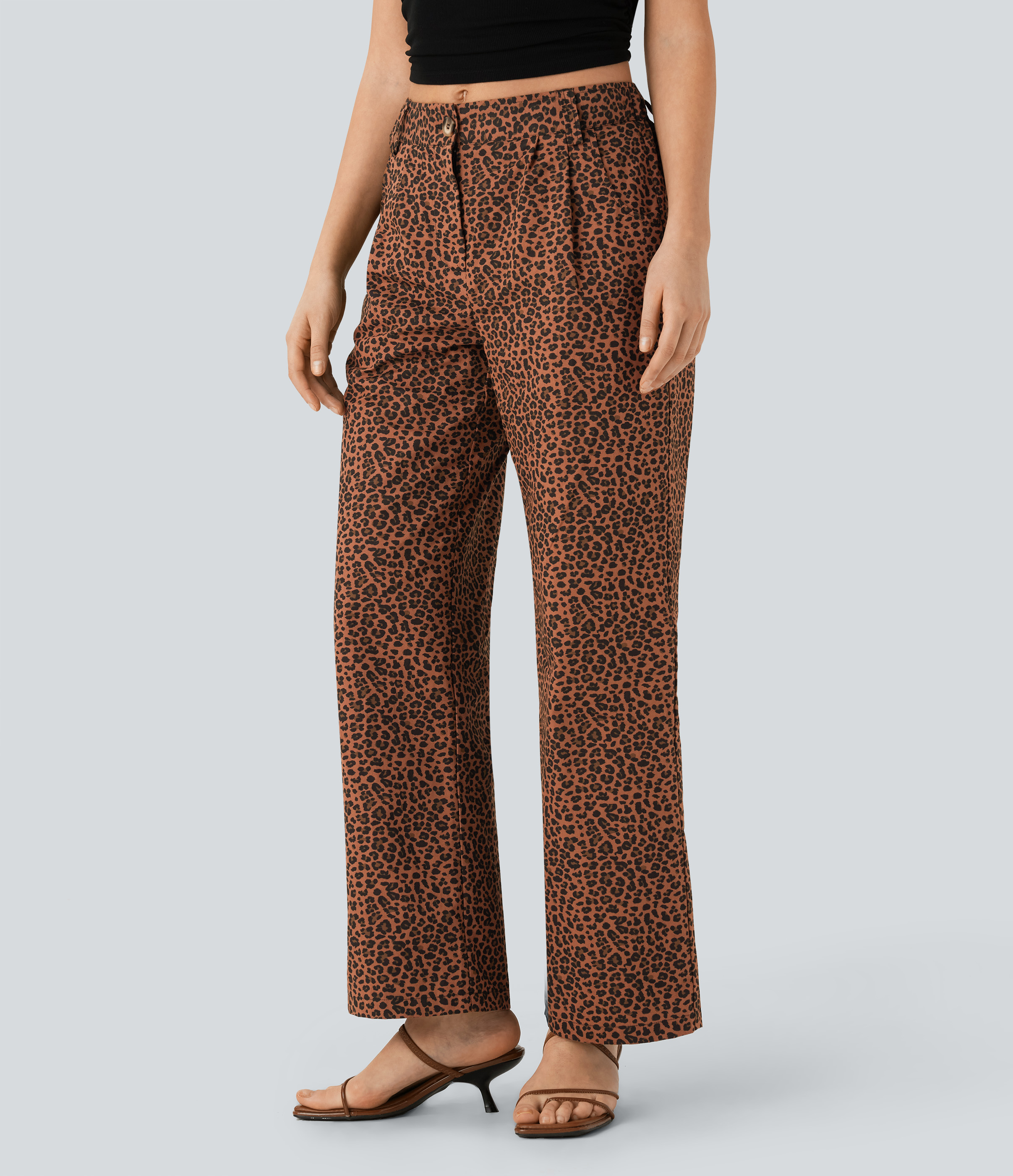 Lässige Baumwollhose mit mittelhohem Bund, Seitentaschen, Leopardenmuster und geradem Bein