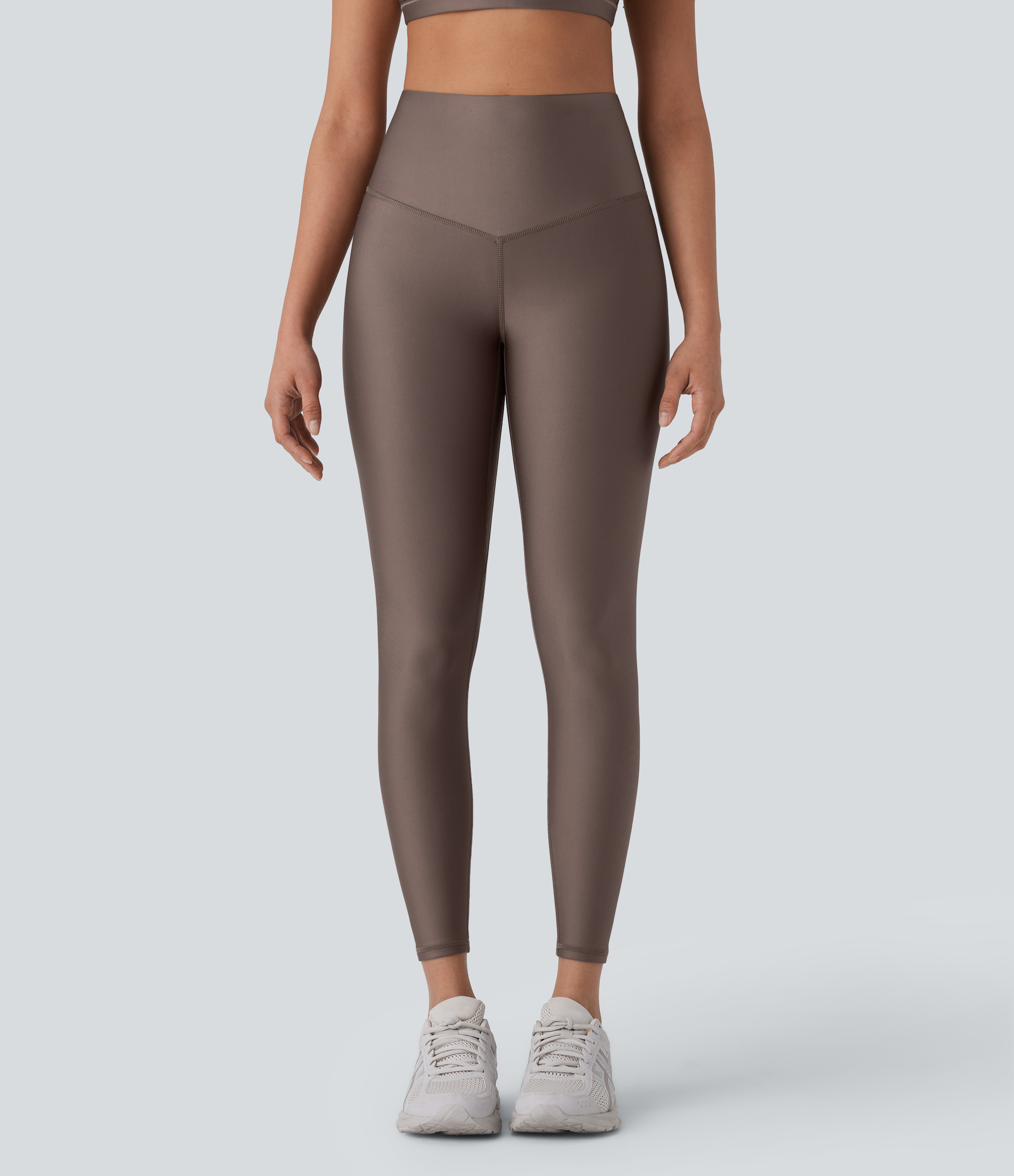 Hay Brown SoCinched Hohe Taille Bauchkontroll-Reflektierende Linie Tasche Glanz Laufleggings / 2