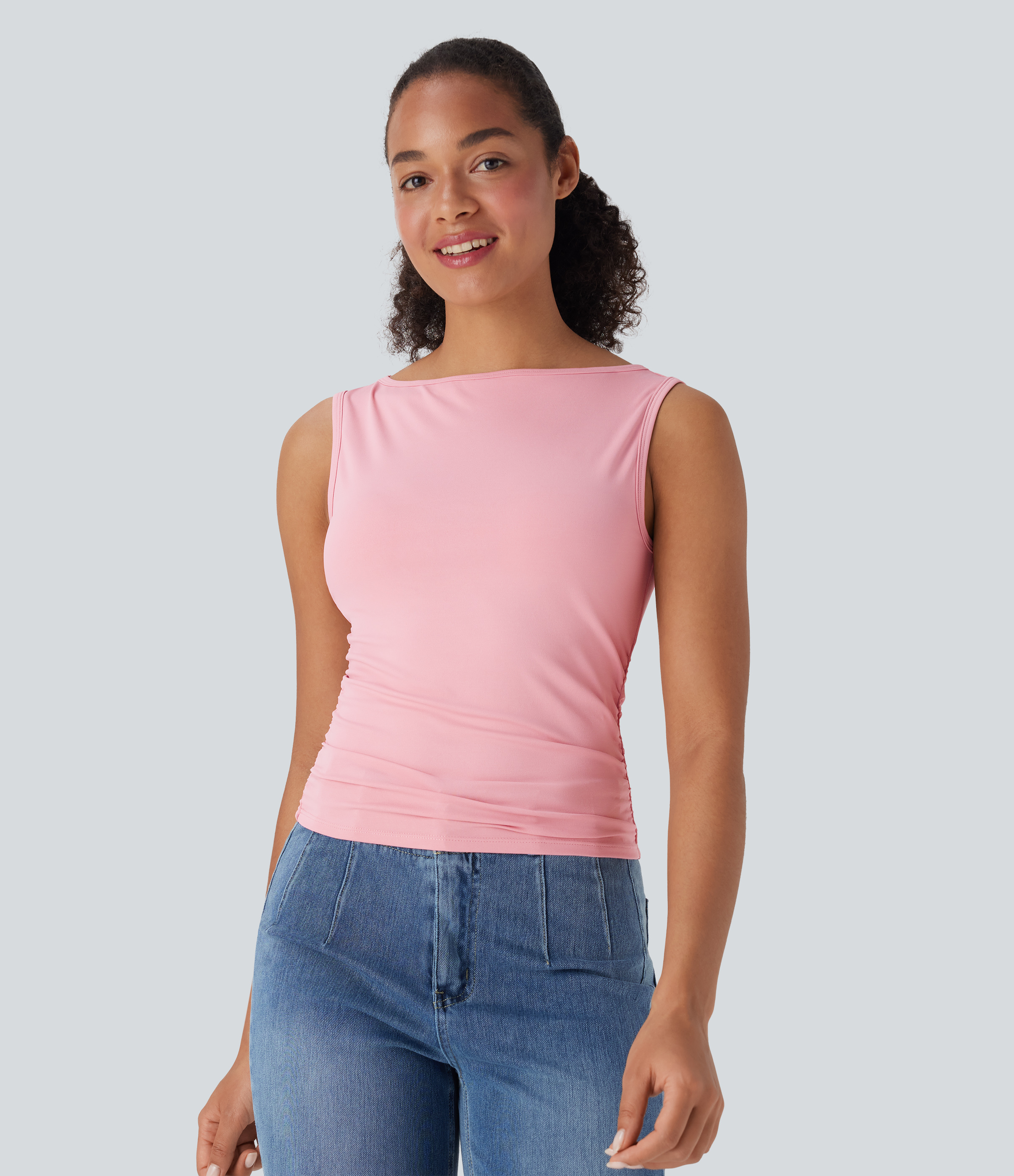 Boat Neck Sleeveless Ruched Casual Top