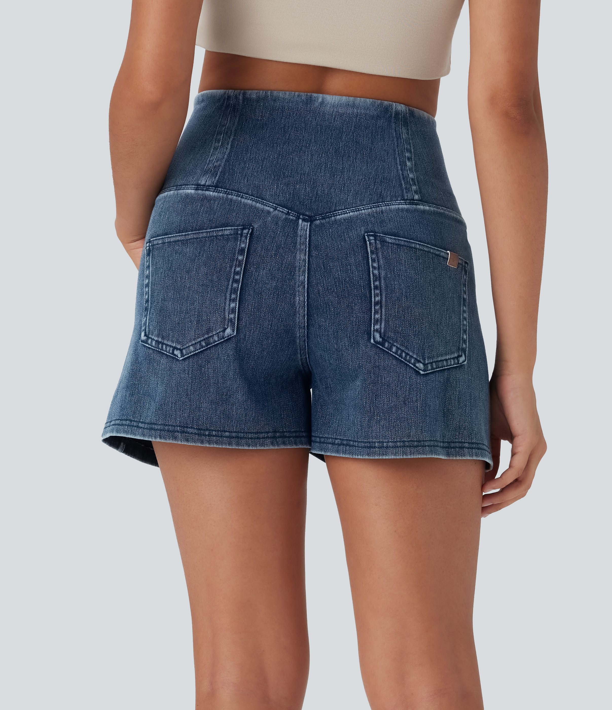 Tide Blue Denim Shorts Halara Flex™ Denim mezclilla moldeadores elástica de tiro alto y reductor de abdomen con bolsillos / 2