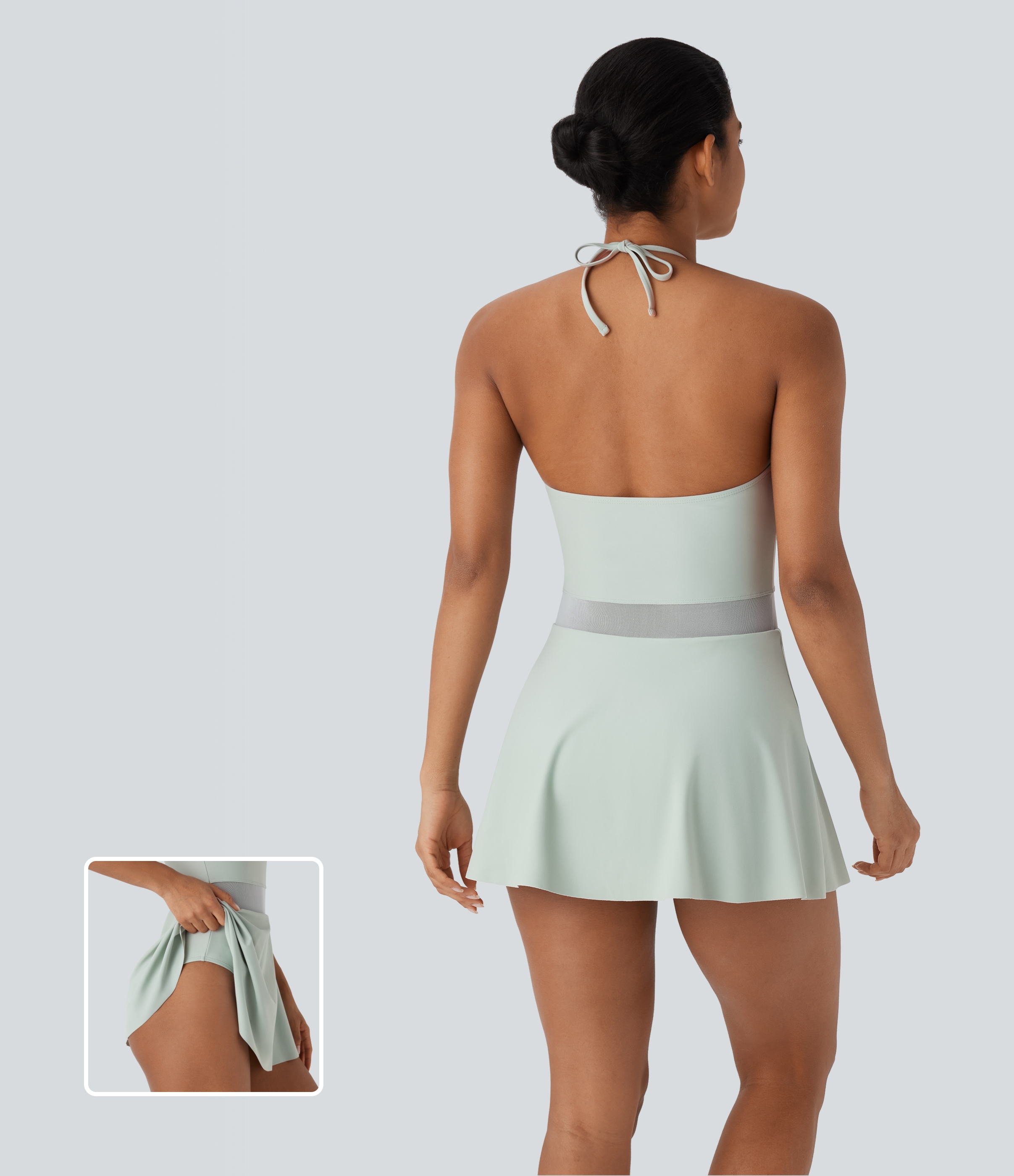 Backless Halter Contrast Mesh 2-in-1 Mini One Piece Swimsuit