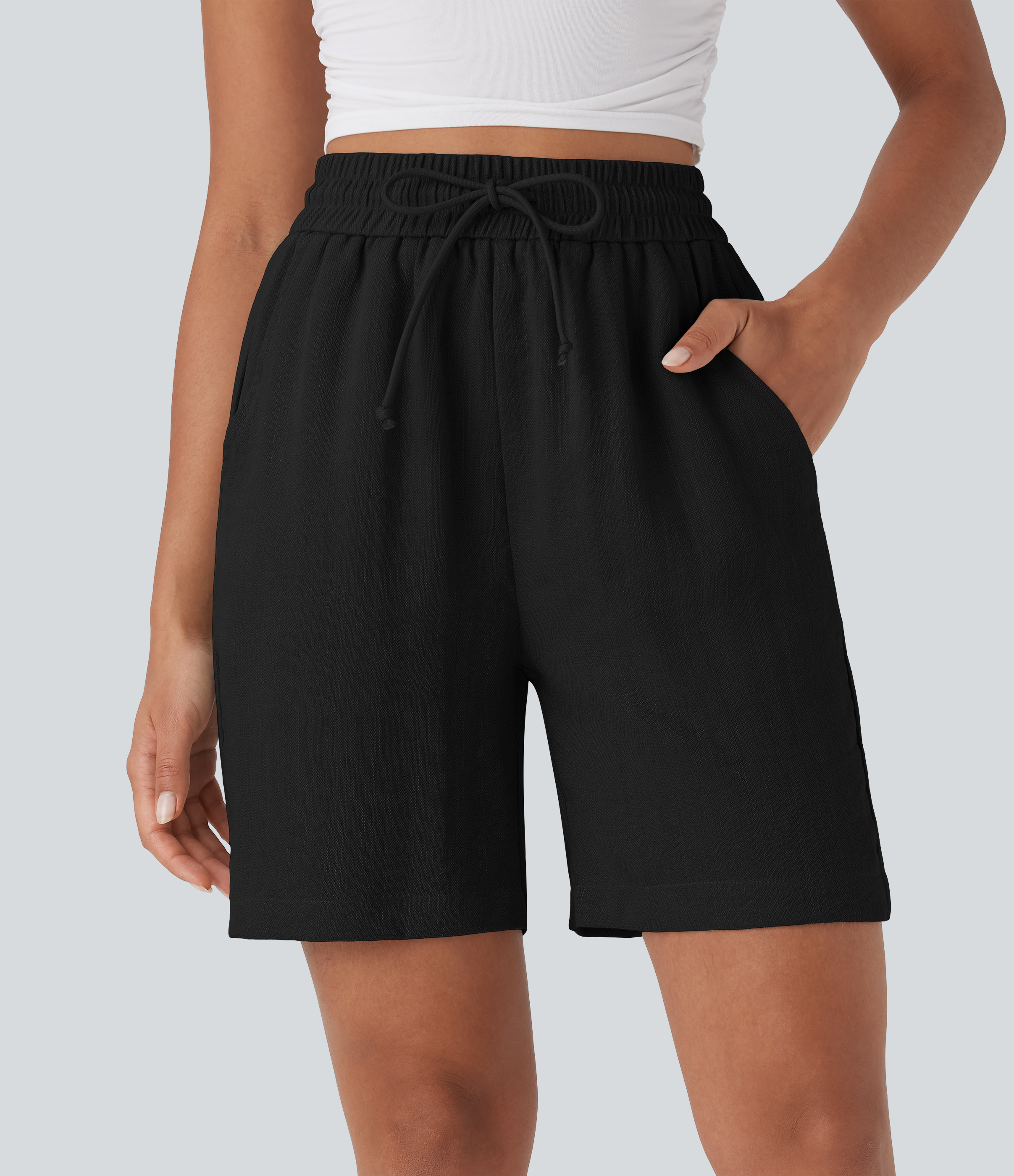 High Waisted Drawstring Casual Linen-Feel Shorts with Side Pockets