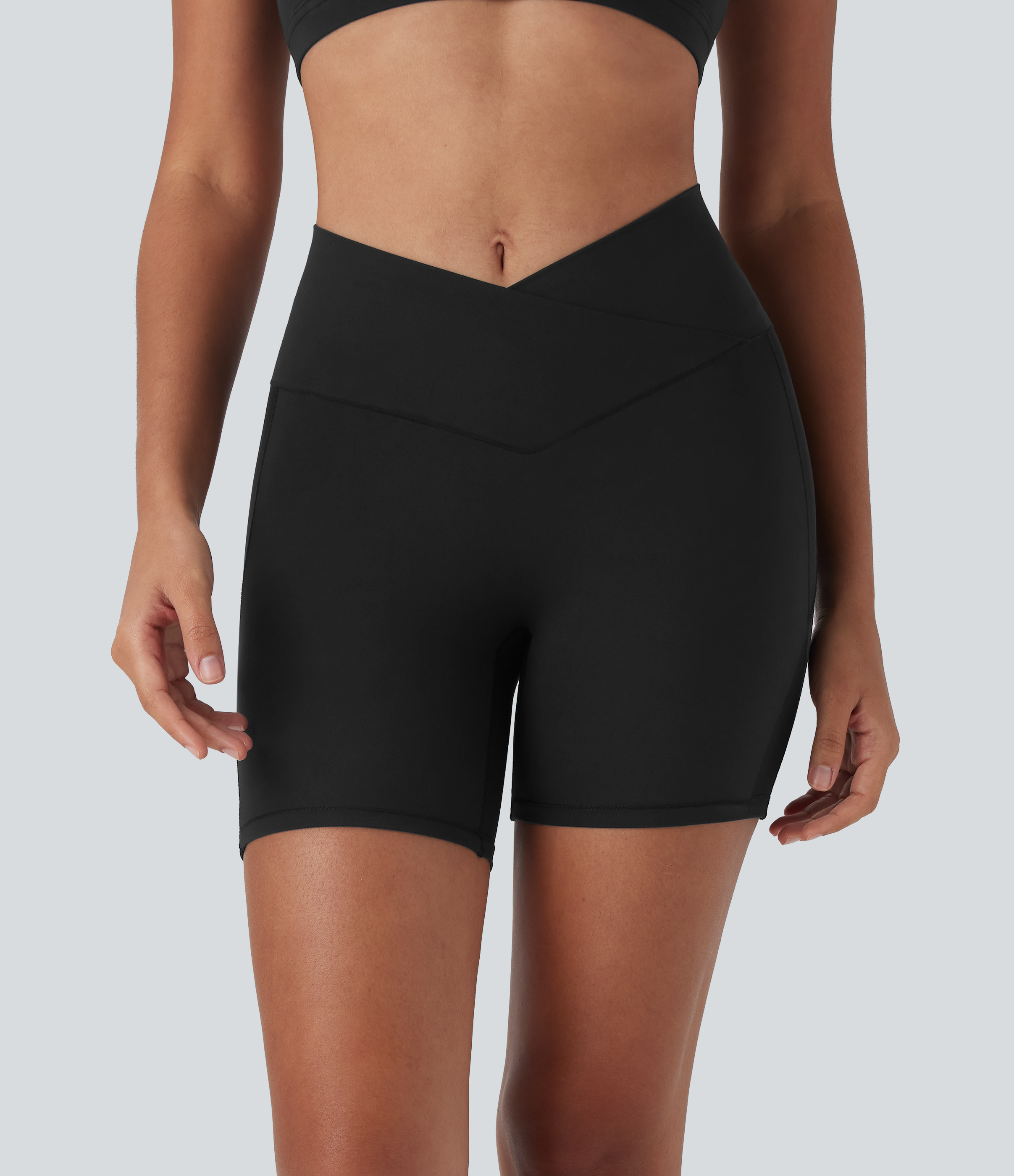 SoftlyZero™ High Waisted Crossover Contrast Mesh Yoga Biker Shorts