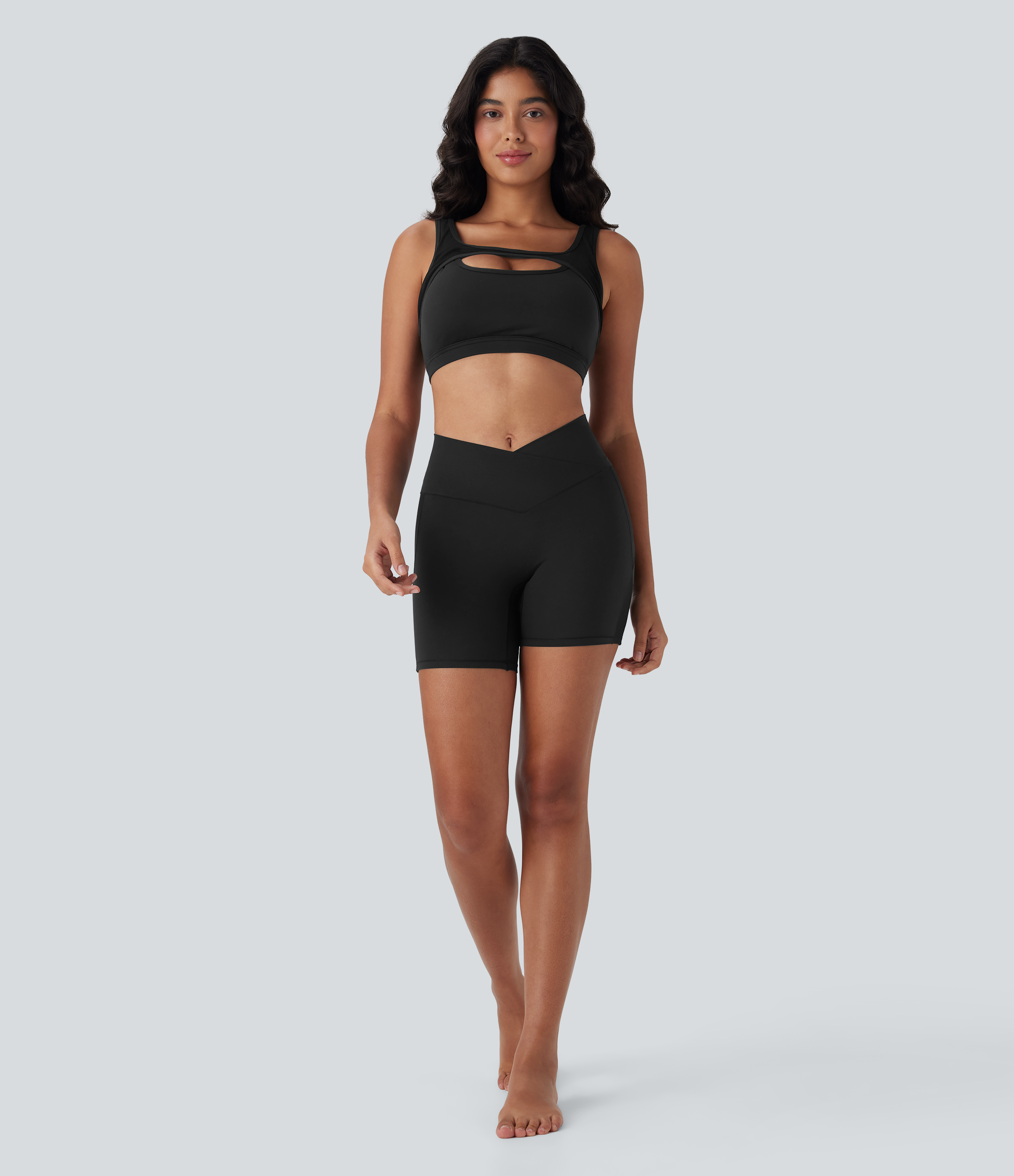 SoftlyZero™ High Waisted Crossover Contrast Mesh Yoga Biker Shorts