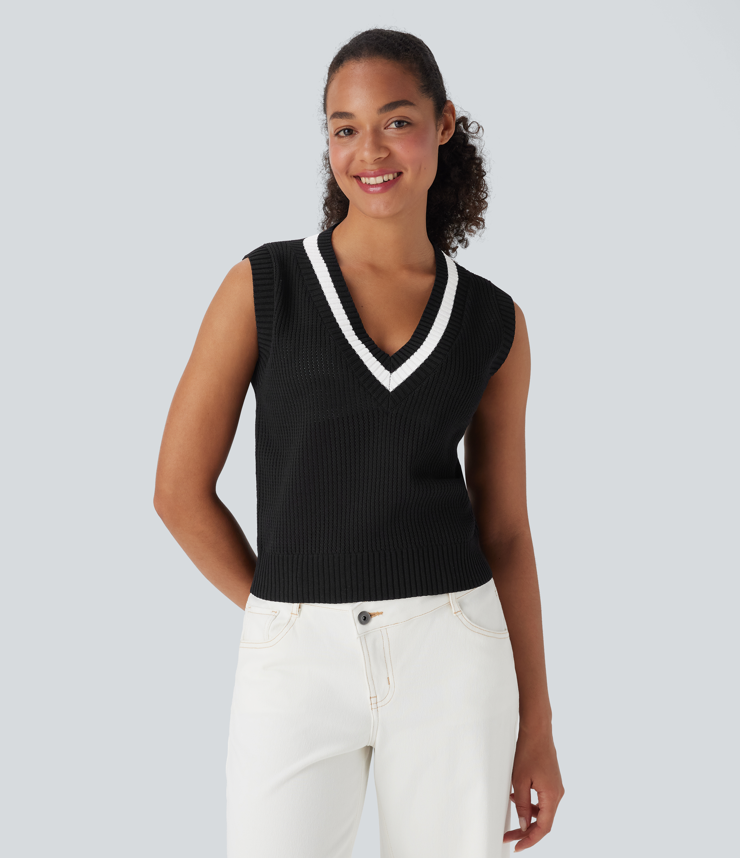 V Neck Colour Block Casual Jumper Vest - Halara