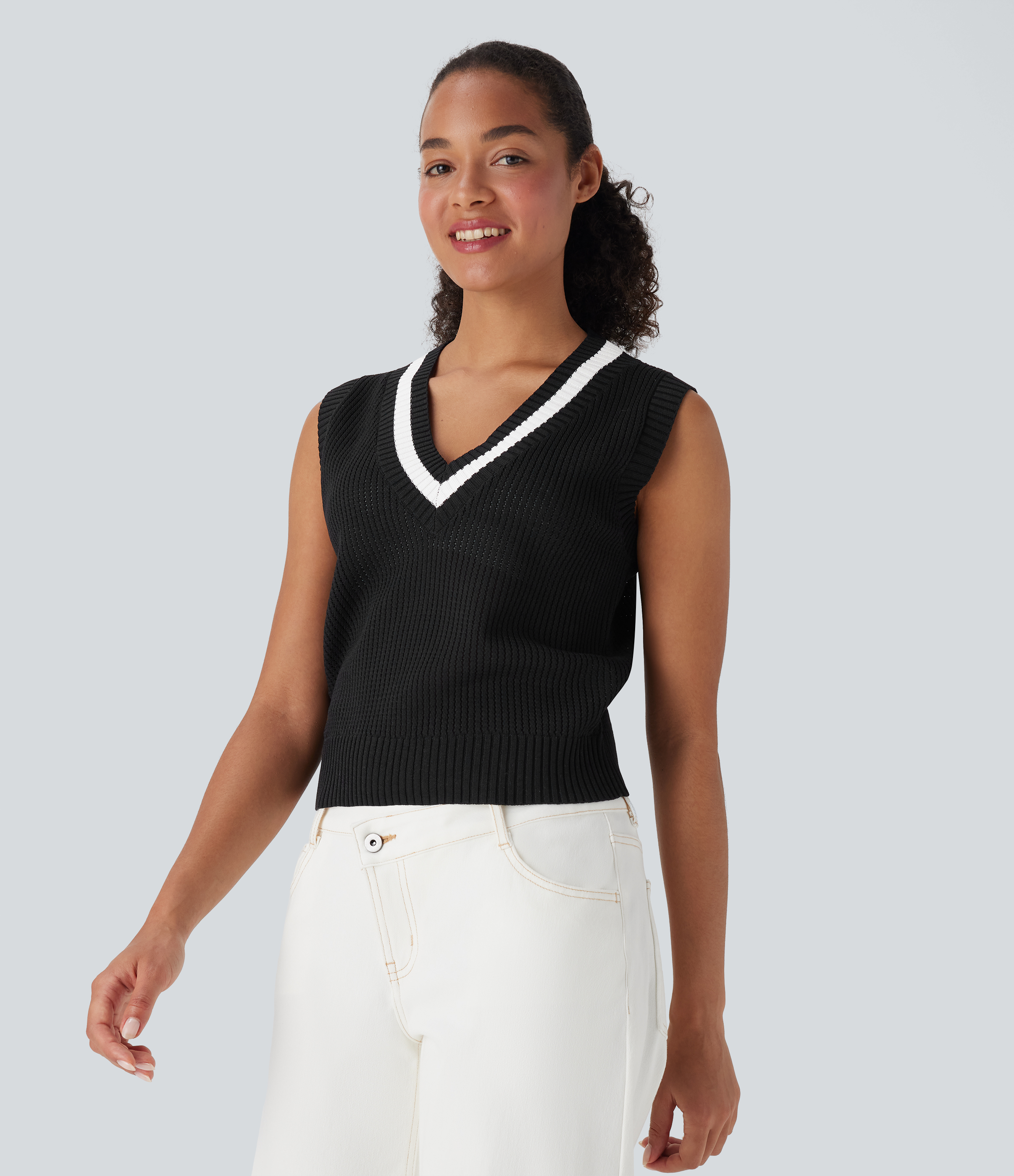 V Neck Colour Block Casual Jumper Vest - Halara