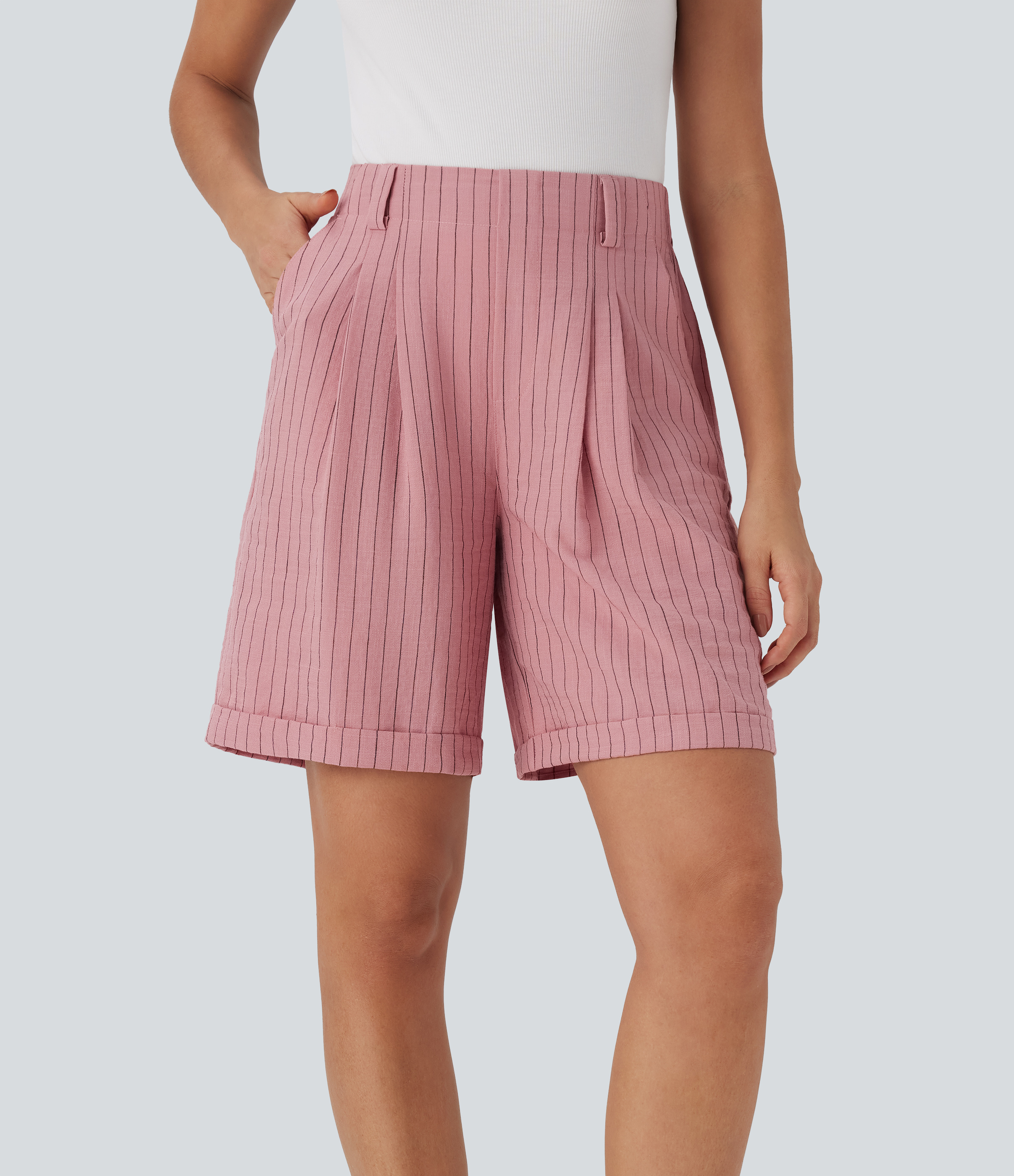Bermudas de oficina de tiro alto con rayas y tacto de lino con bolsillos laterales